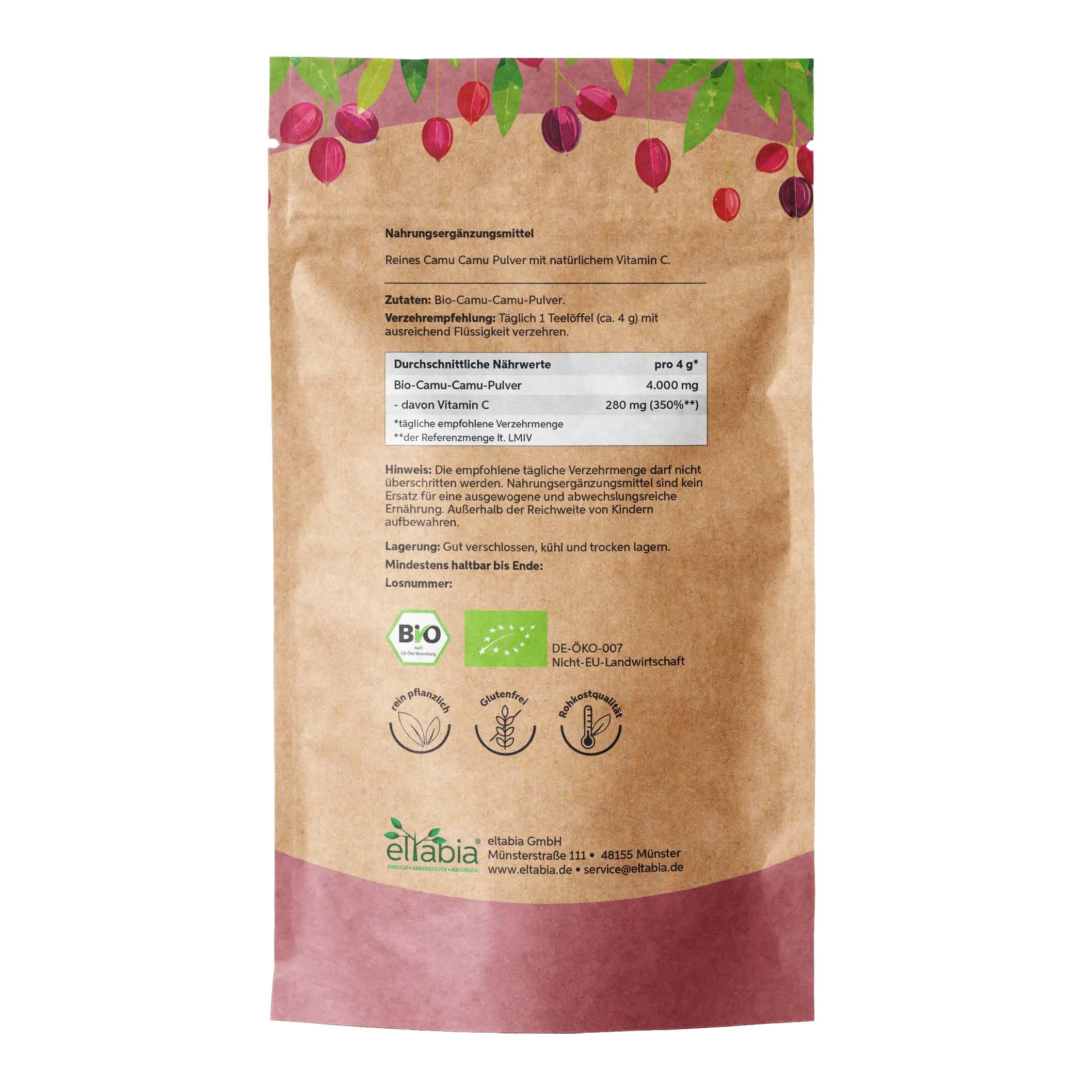Bio Camu Camu Pulver 1kg hochdosiert mit natürlichem Vitamin C aus Brasilien | 100% ohne Zusatzstoffe in Rohkost-Qualität
