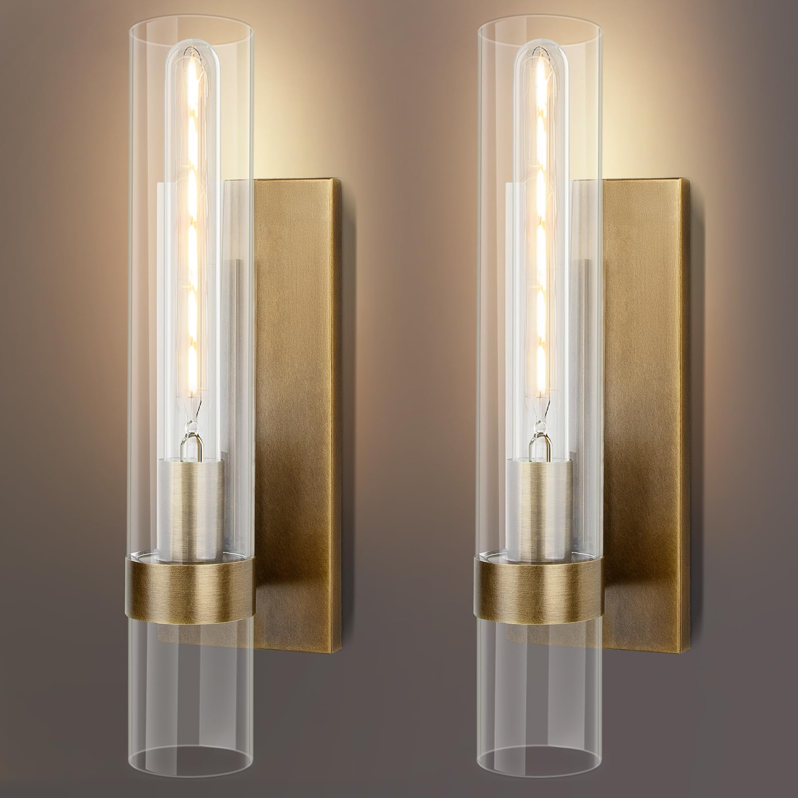 Photo 1 of Vookea 18" Wall Sconces Set of 2, Gold Bathroom Vanity Light Fixtures with Clear Glass Tube, Modern Brass Lamp Lighting for Mirror, Bedroom, Living Room, Hallway, Staircase