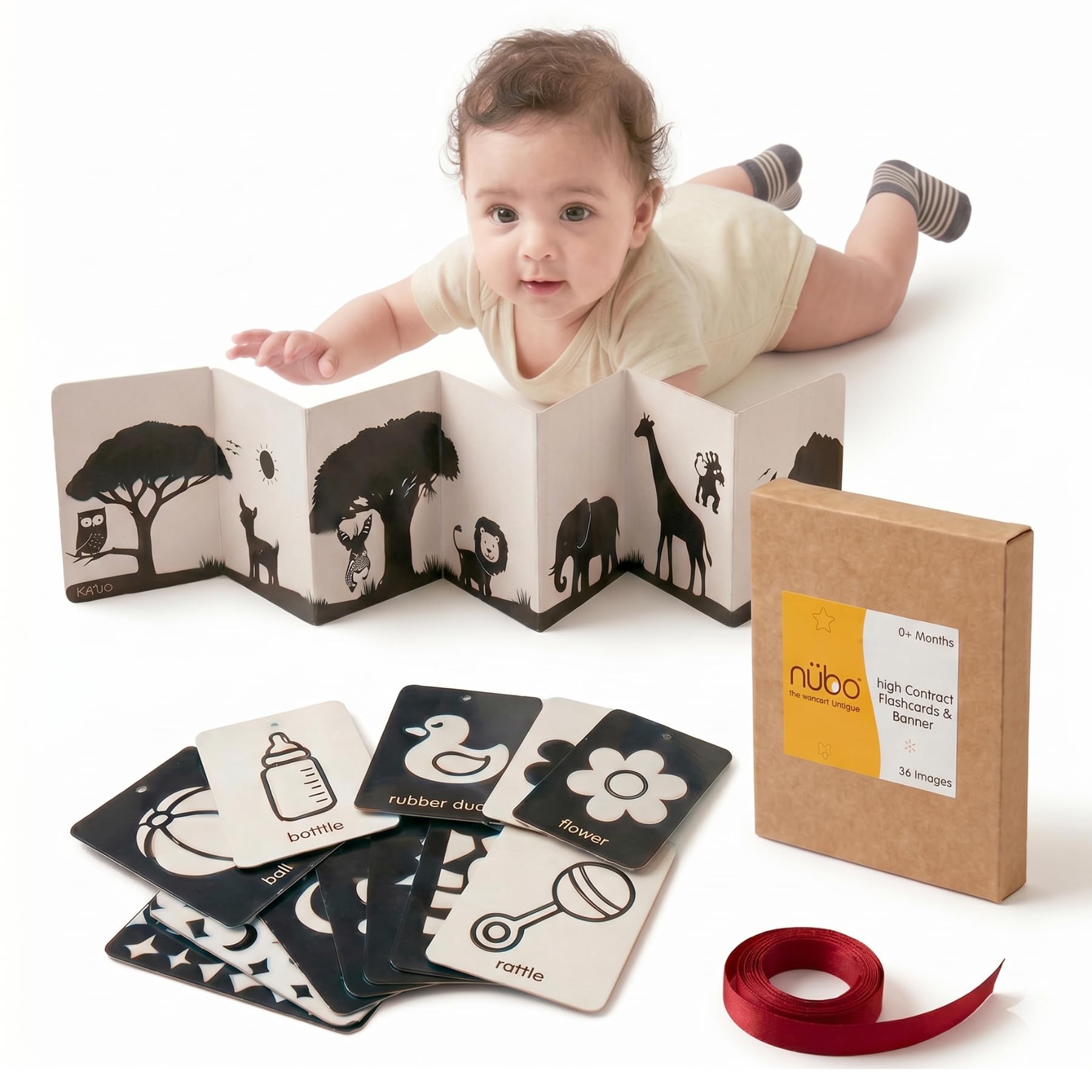 Nubokind Flash Cards for New Born Baby (2-in-1 Combo) | High Contrast Flash Cards for 0-3 Months | Tummy Time Banner Toys for Newborns 0-6 Months & Older