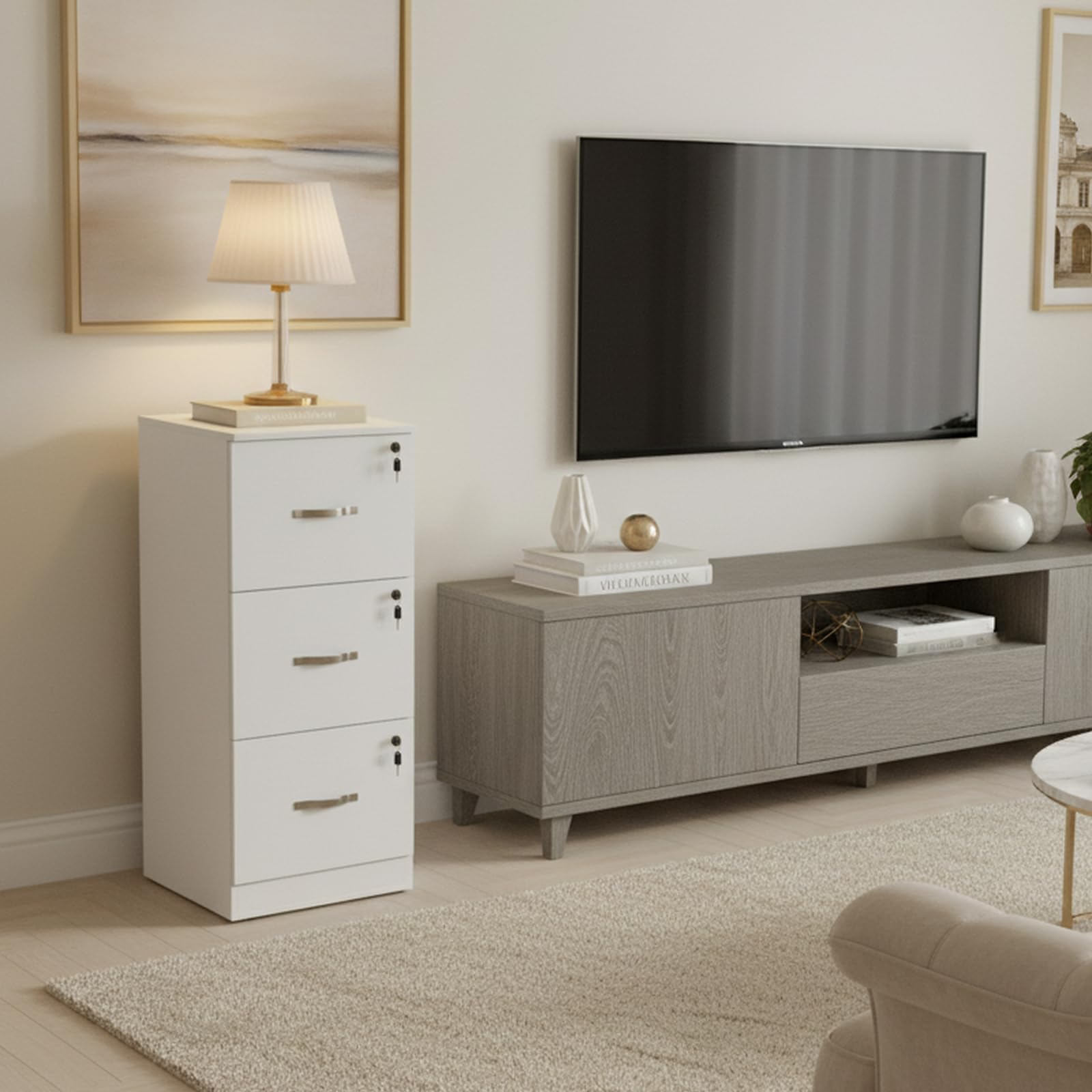 buybyroom Cajonera Oficina, Cajonera Escritorio con 3 Cajones Cerradura y Llaves, Multiusos Armario Archivador con Barras Colgantes para Oficina Escritorio Casa,103.5cm Alto, Blanco
