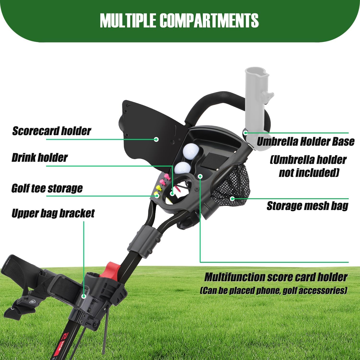 XDriveMax GC27 - Carrello da golf a 3 ruote, pieghevole, leggero, per mazze da golf e sacca da golf, con portabicchieri, porta segnapunti, scomparto portaoggetti (nero)