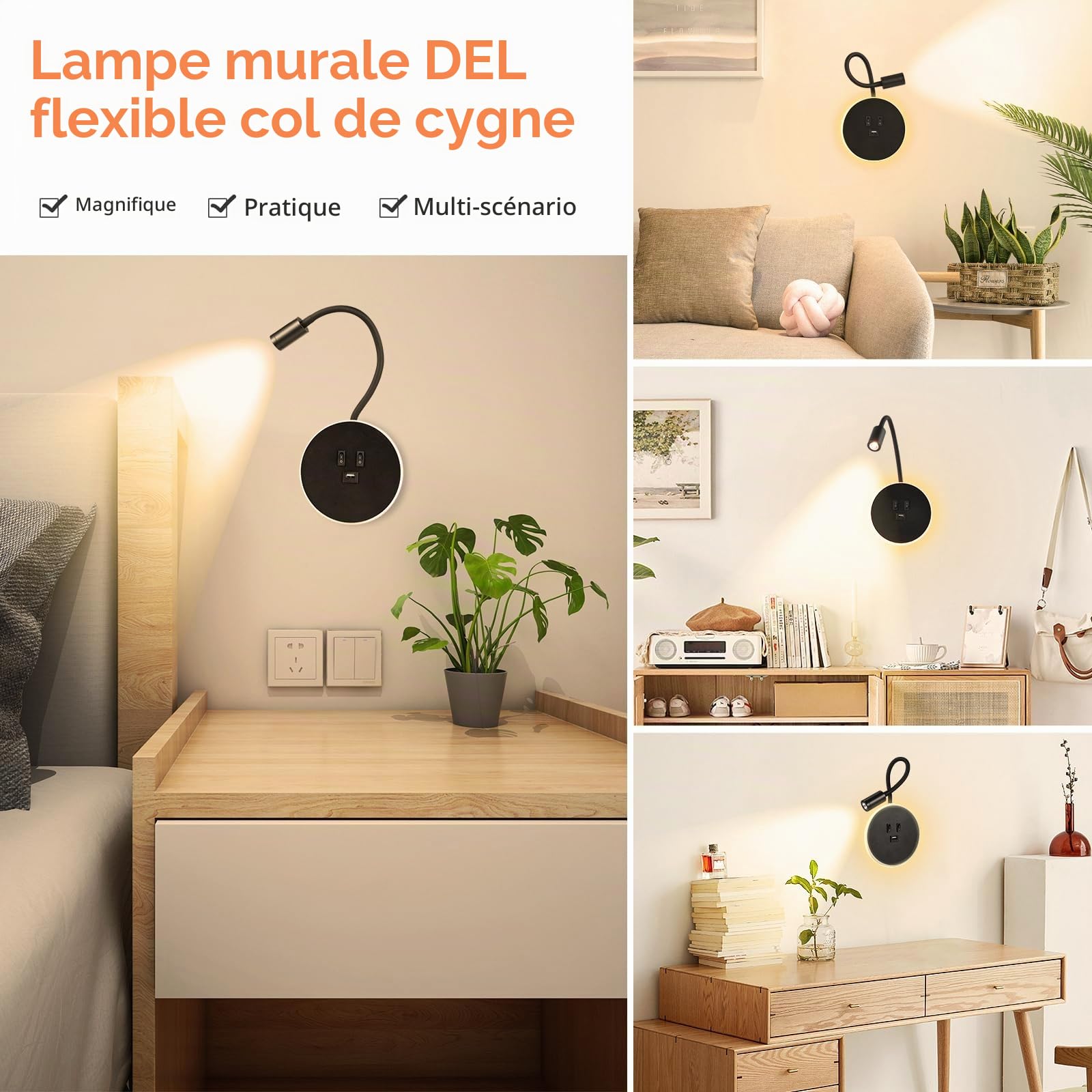 Applique murale LED Lampe Col de Cygne Flexible, 3W 9W Applique de Lecture avec Port de Charge USB et interrupteur, 2 pièces Liseuse Fixation Murale Spot réglable pour Chambres Salon Hôtel (noir)
