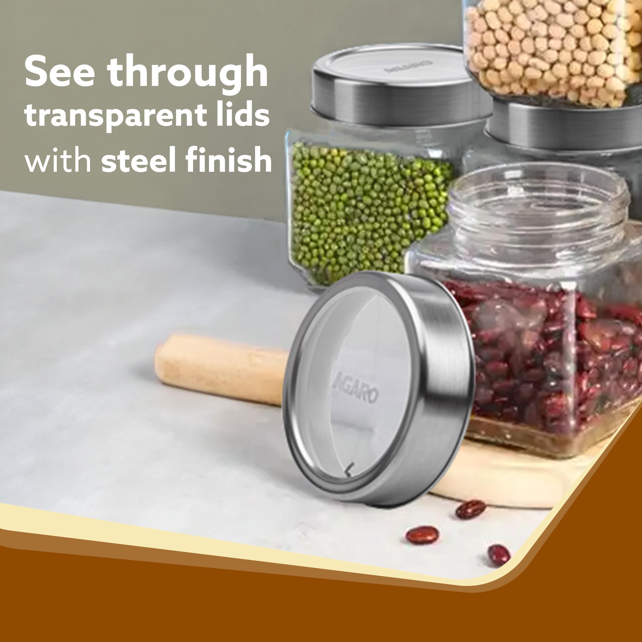 AGARO Elegant Cube Jar 580ml Tapa de Acero Contenedor de Vidrio de Almacenamiento Transparente Organizador de Cocina Multiusos Tarro Pack de 2
