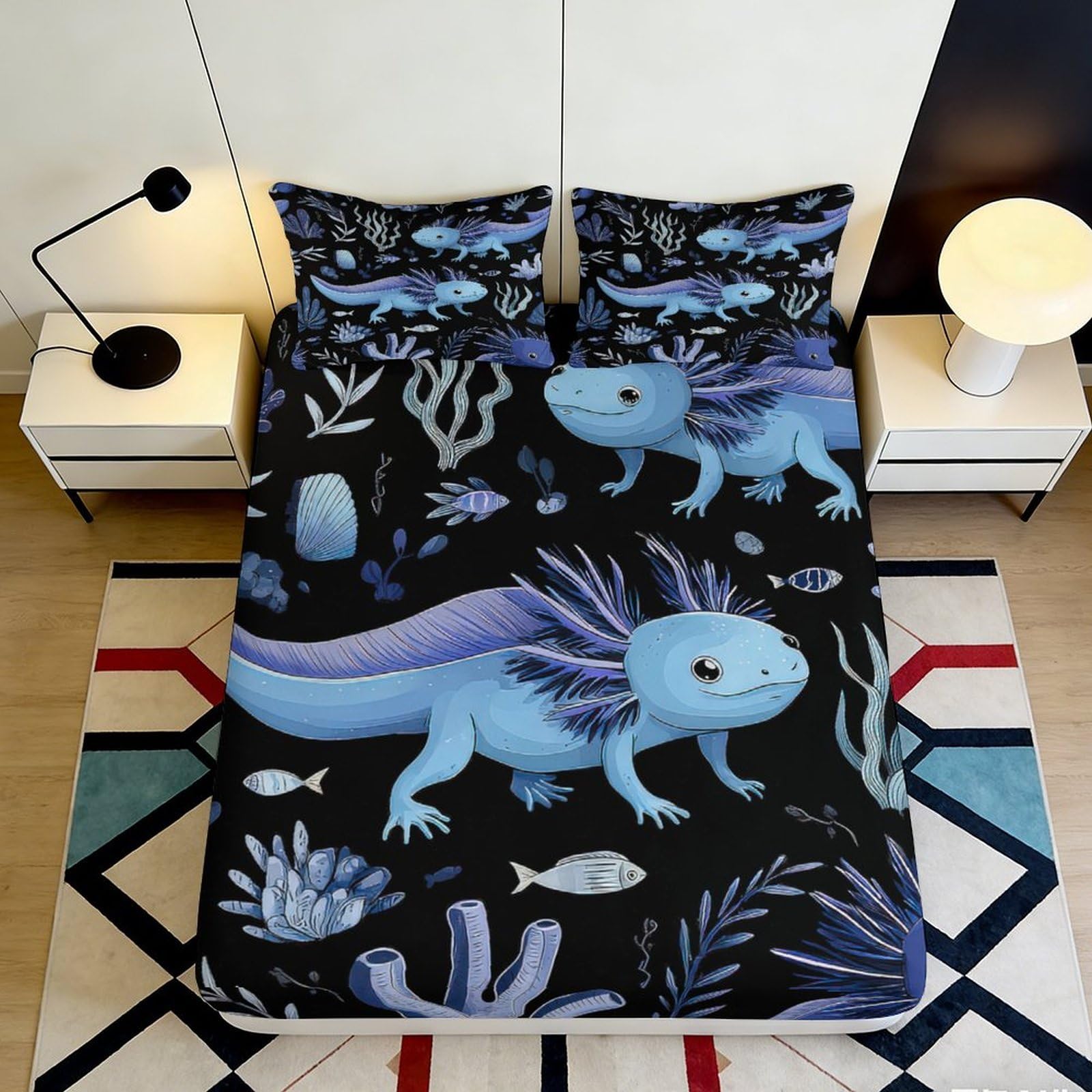 3D Printed Blue Axolotl Fitted Sheet Microfiber Soft Breathable Underwater Creature Bed Cover for Bedroom Dormitory Guest Room Mattress Protection 180x200x25cm