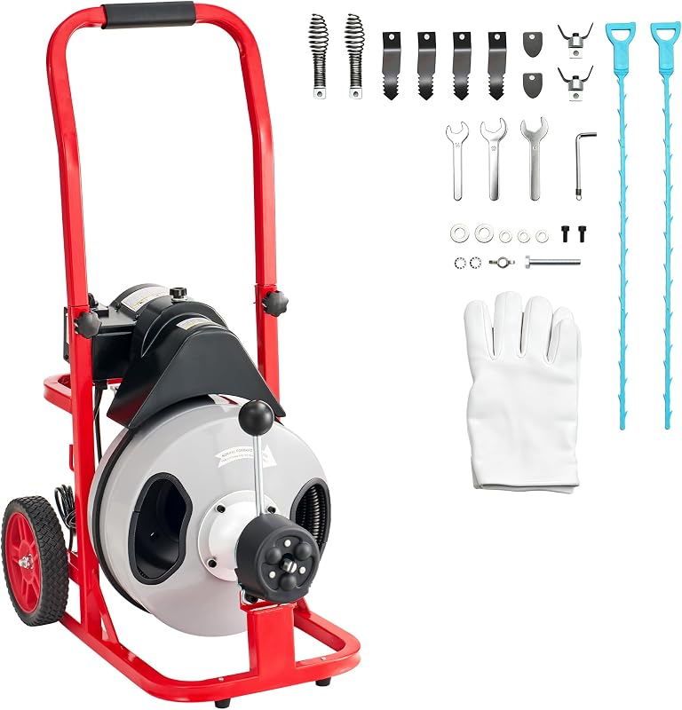 Albott 100 FT x 1/2 Inch Electric Drain Cleaner Machine | Auto-Feed Sewer Snake Auger for 1-4 Inch Pipes, with 10 Cutters, Wheels and Foot Switch, Gray/Red
