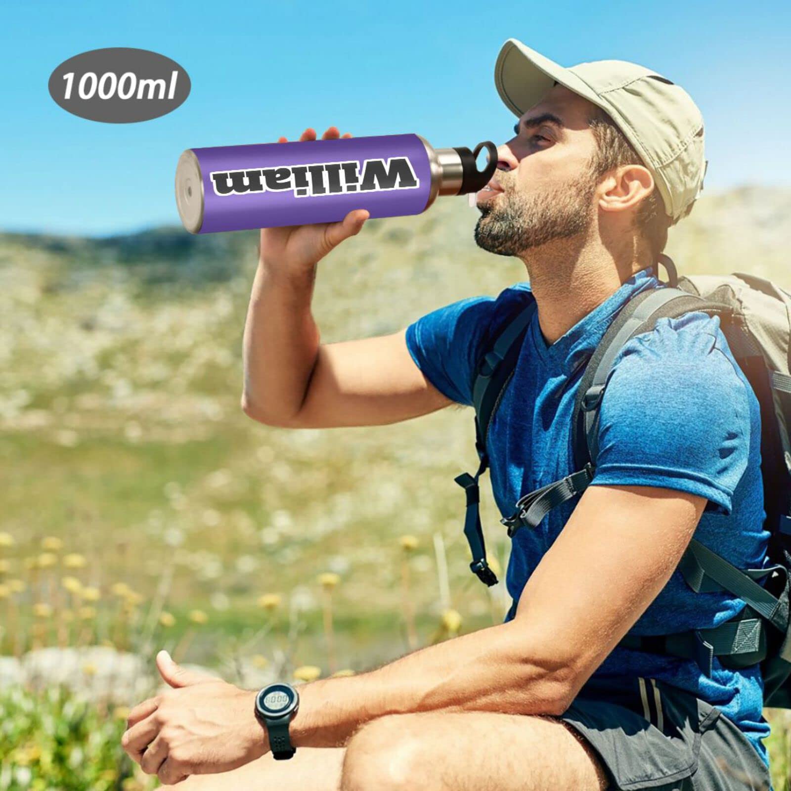 Isolierflasche mit Griff, 900 ml, Dunkelviolett, auslaufsicher, mit Strohhalm-Deckel, Thermoflasche für Wandern, Radfahren, BAP-frei