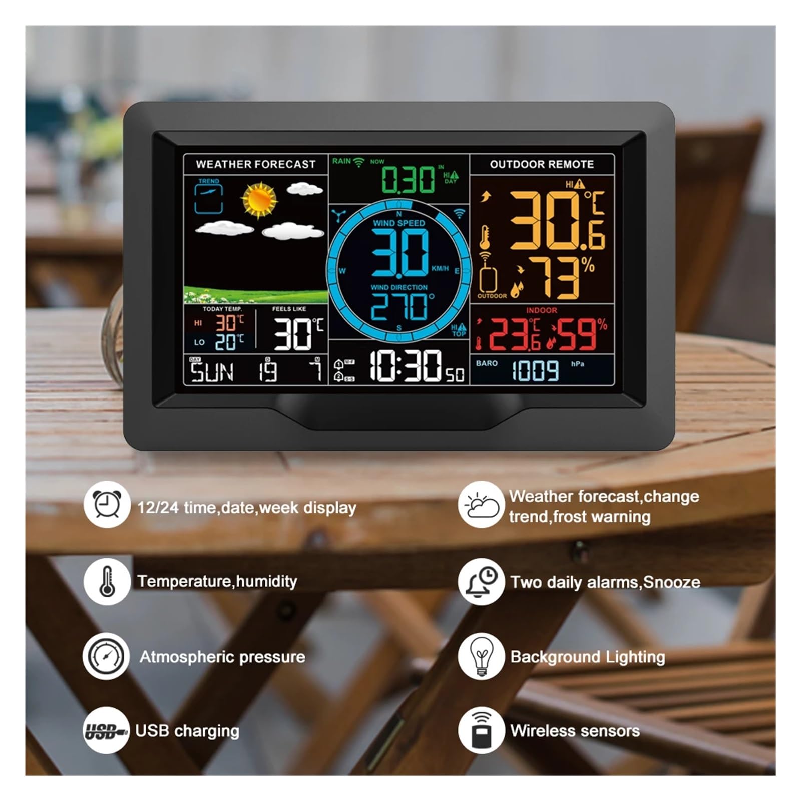 avec capteur extérieur pour Le Bureau à Domicile Station météo sans Fil Couleur anémomètre température Domestique humidité Horloge Vitesse du Vent Direction pluviomètre prévision capteur