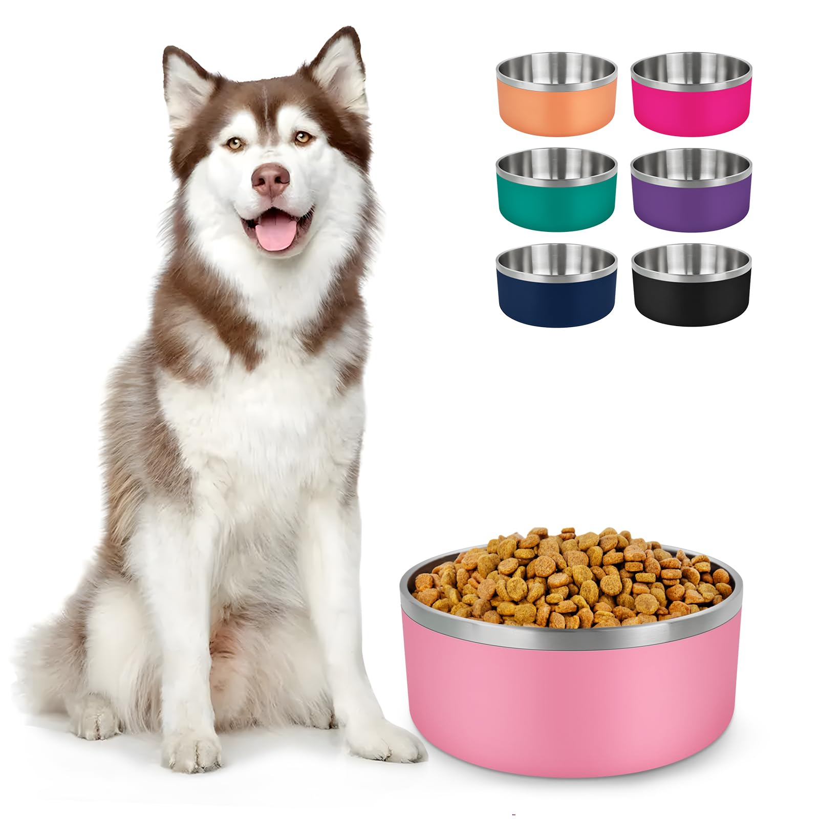 LIHONG Stainless Steel Dog Bowls for Large Dogs,Dog Food Water Bowls with Non Slip Rubber Bottom,Pet Feeding Bowl,Double Wall Insulated,Rustproof(64oz