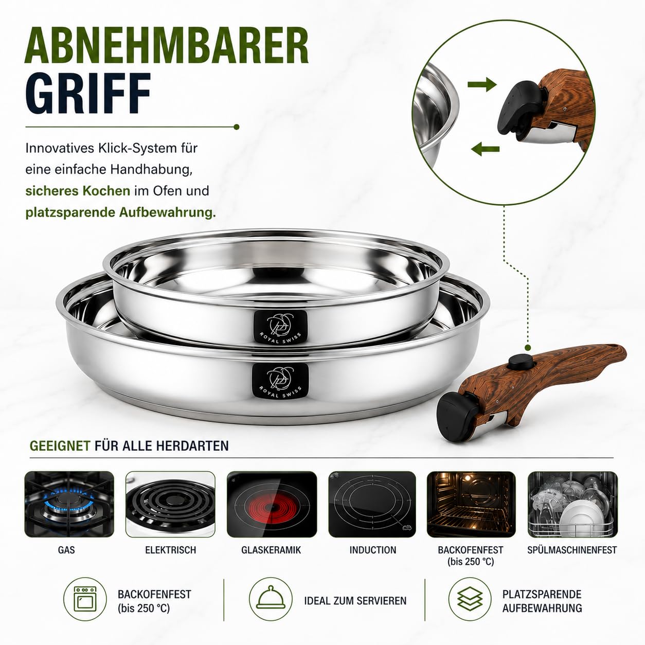 Royal Swiss® Premium Edelstahl Pfannen Set – 3-teilig (24 & 28 cm) mit Abnehmbarem Griff – Induktion & Alle Herdarten – Platzsparendes Stapelsystem – Profi Kochgeschirr – PFOA-frei – Silber