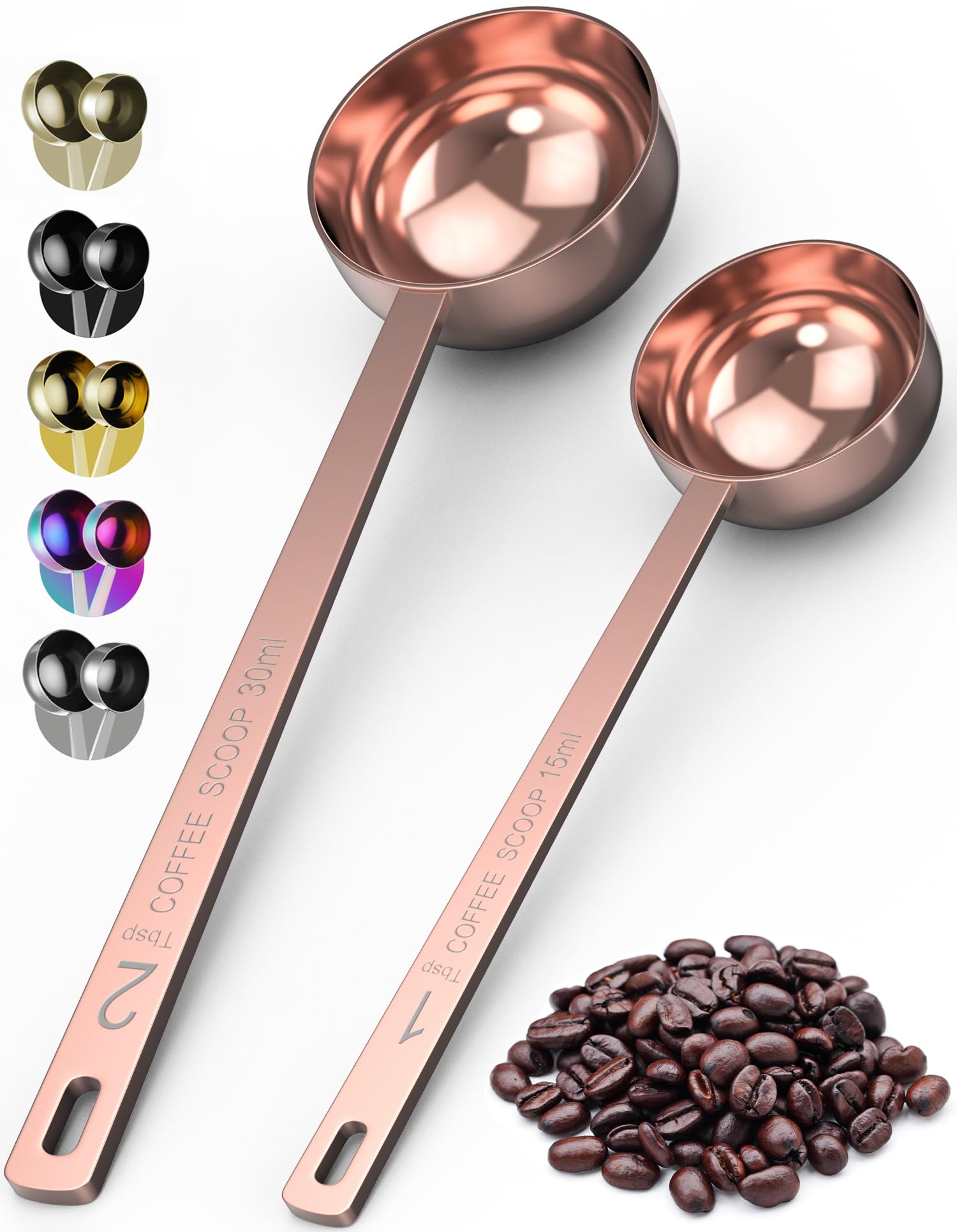 ORBLUE Stainless Steel Coffee Scoop Set 2 Pack – 1 Tbsp (15 ml) & 2 Tbsp (30 ml) Coffee Measuring Spoons & Espresso Scoop with Long Handle, Dishwasher Safe — Rose Gold