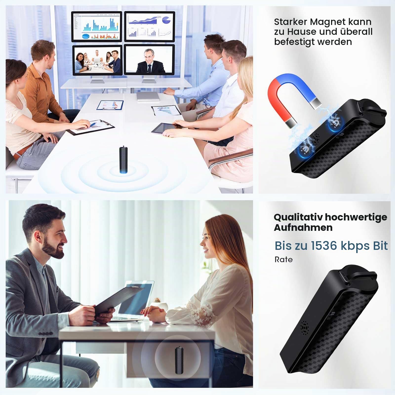 64GB Sprachrekorder mit Magnet, 25 Tage Daueraufnahme, Wiederaufladbar Über USB, Sprachaktivierung, One Touch Aufnahme, Diktiergerät Mini für Meetings, Vorlesungen & Interviews