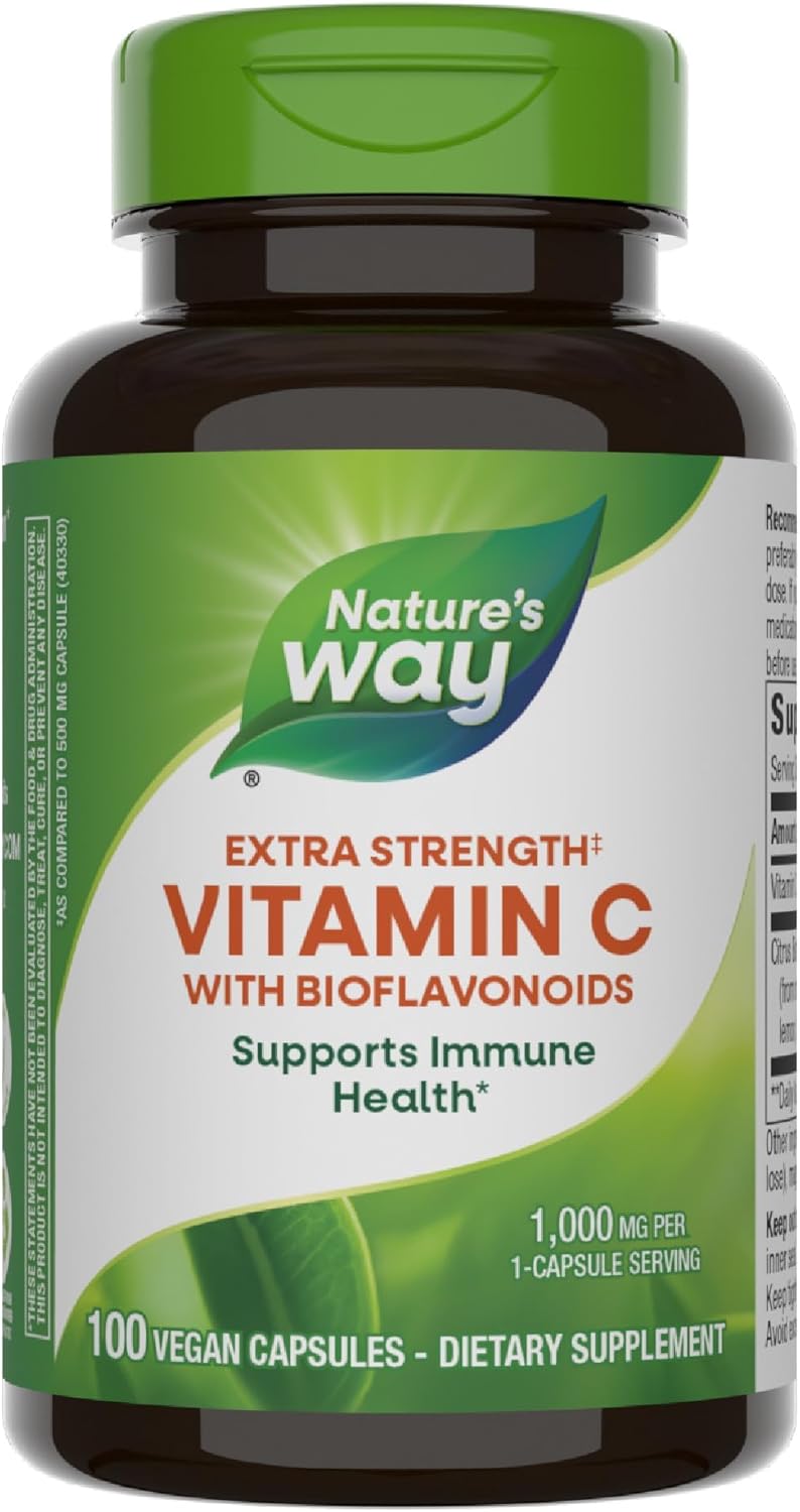 Nature’s Way Extra Strength Vitamin C with Bioflavonoids, Supports Immune Health*, Promotes Collagen Production for Healthy Skin*, 1g Vitamin C per Capsule, 100 Vegan Capsules (Packaging May Vary) Nature’s Way Extra Strength Vitamin C with Bioflavonoids, Supports Immune Health*, Promotes Collagen Production for Healthy Skin*, 1g Vitamin C per Capsule, 100 Vegan Capsules (Packaging May Vary)