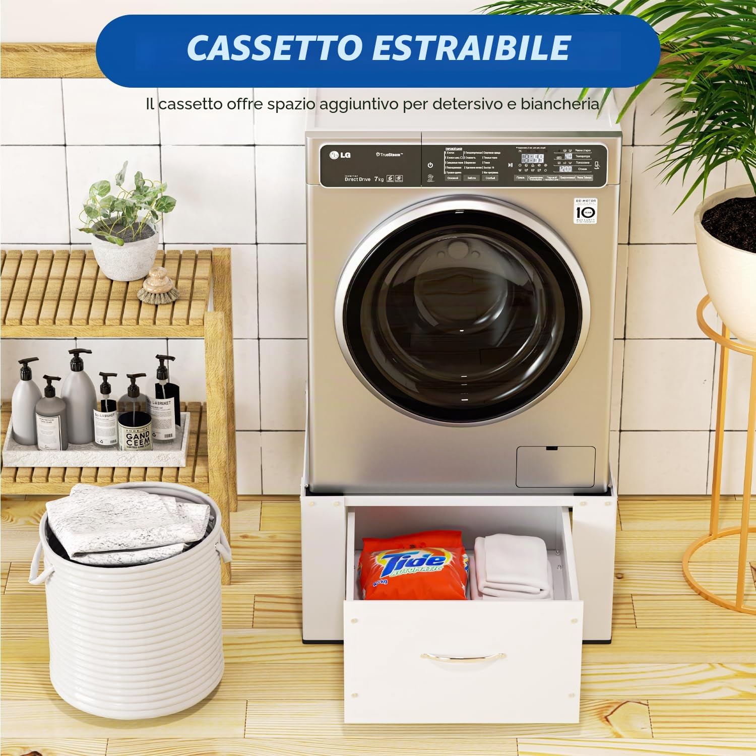 Base per lavatrice con cassetto, 62,5 x 54,5 x 32,5 cm, base per lavatrice, base in acciaio, base per lavatrice fino a 150 kg, colore bianco