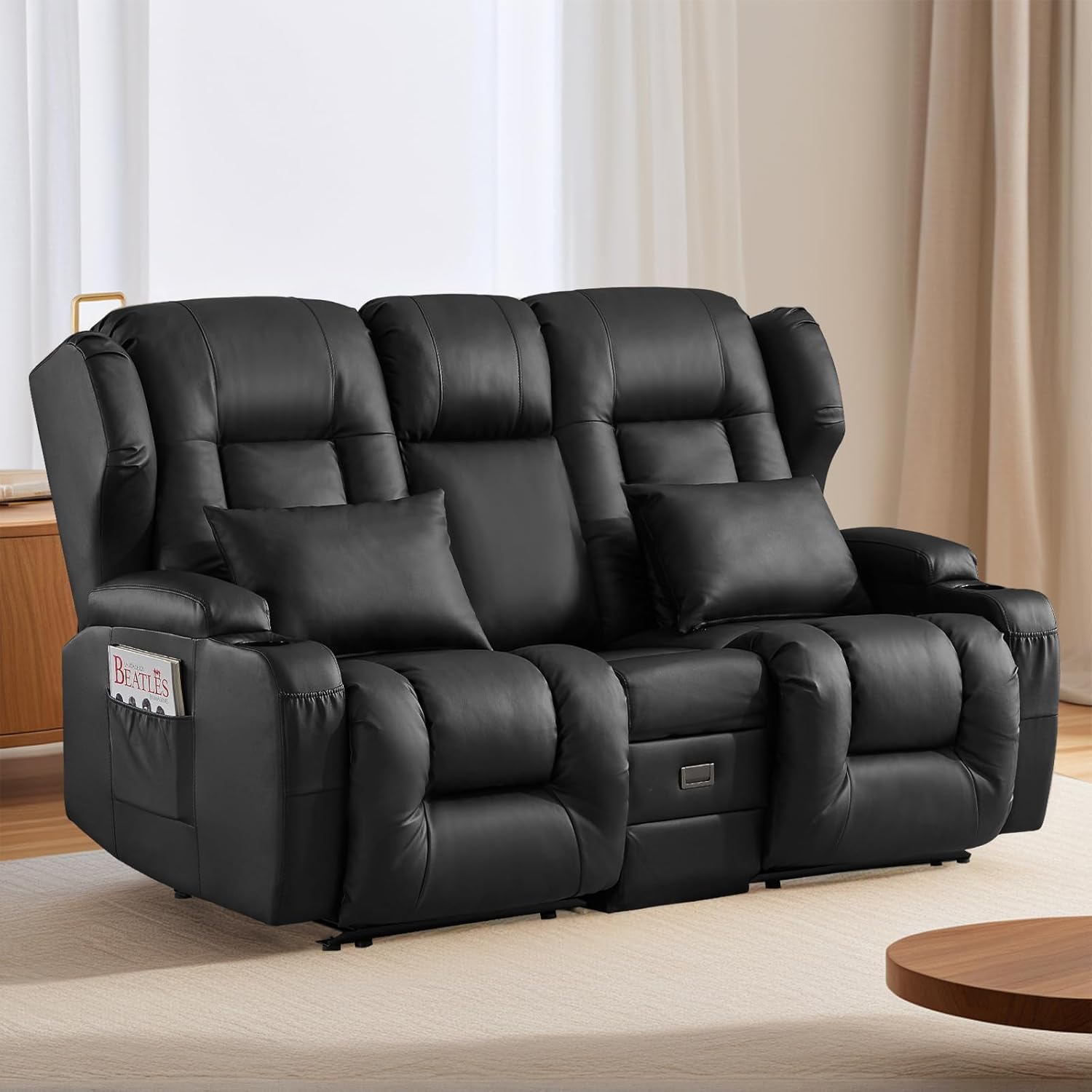 67.6" RV Loveseat Recliner Sofa with Console, Doule Reclining Home Theater Seating with Foldable Backrest, Charge Outlet, Storage Drawer & Cup Holders for Living Room (Faux Leather, Black)