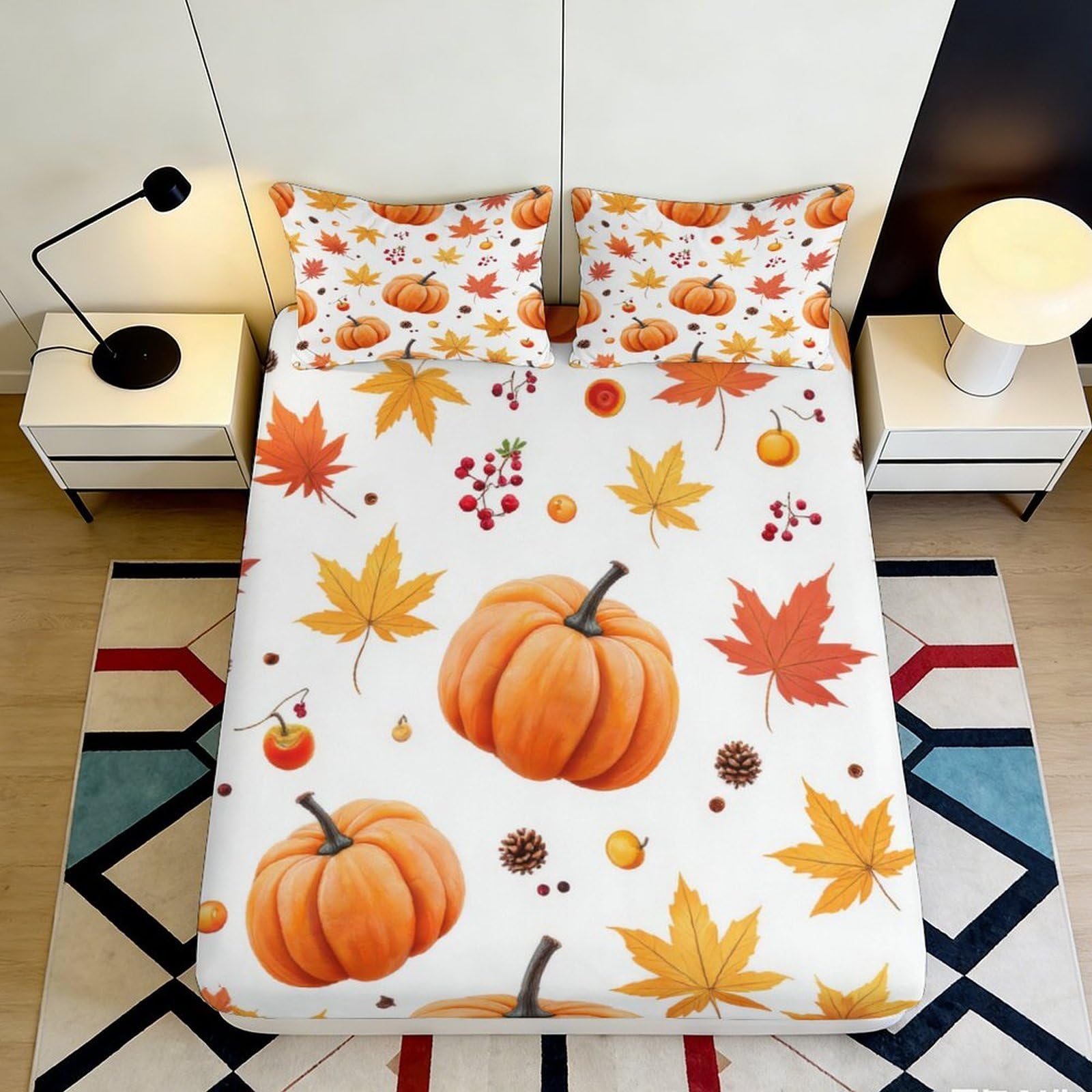 3D Printed Autumn Pumpkin Fitted Sheet Microfiber Soft Durable Maple Leaf Bed Cover for Bedroom Dormitory Guest Room Mattress Protection 140x200x25cm