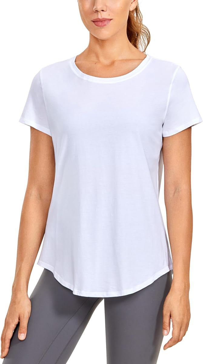 CRZ YOGA Pima Cotton Round Neck T-Shirt | Workout, Naturally Soft, Classic Fit, Hip Length, Curved Hem, Short Sleeve Tops for Women