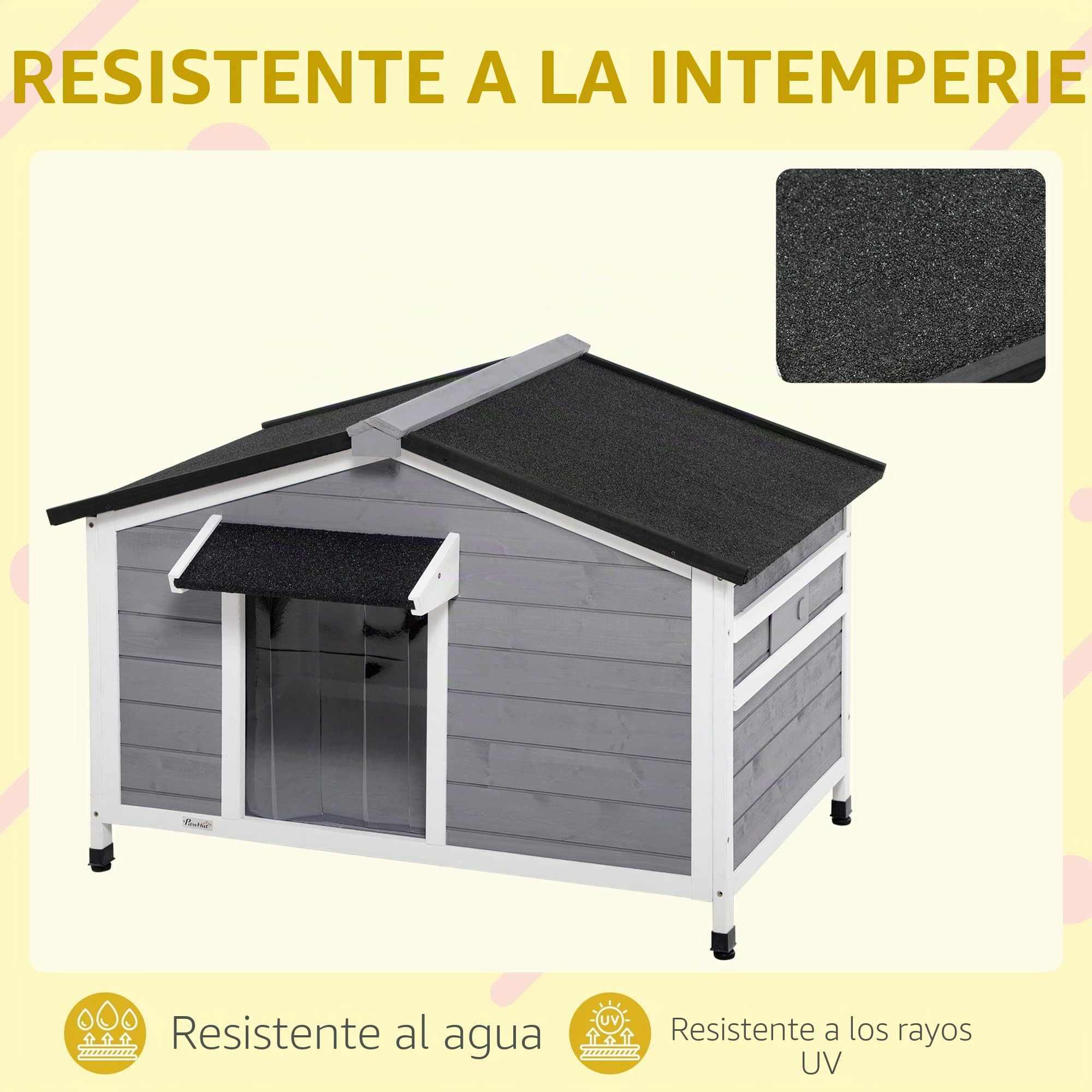 PawHut Caseta de Madera para Perros Pequeños y Medianos - Techo de Asfalto Practicable y Suelo Desmontable - Exterior, Gris, 109 x 79 x 72 cm