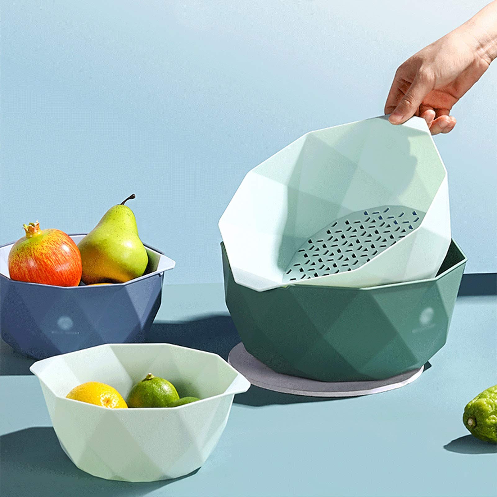 Cesta de colador 2 en 1 Colador/filtro desmontable Tazón 4L Cesta de drenaje de plástico Cesta de arroz con el colador for el mango for la ensalada de frutas y verduras Cesta de colador de cocina
