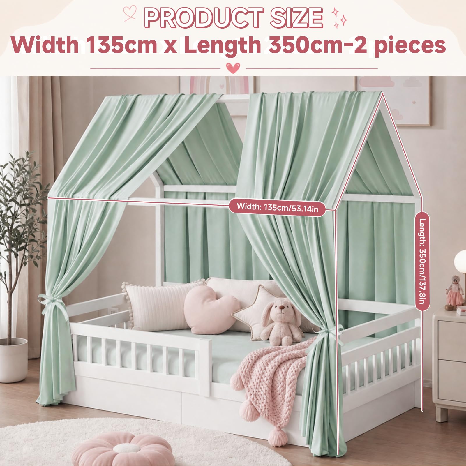 Lot de 2 baldaquins de lit en mousseline douce pour lit de maison, ciel de lit fille et garçon, décoration de chambre d'enfant, 135 x 350 cm, vert clair