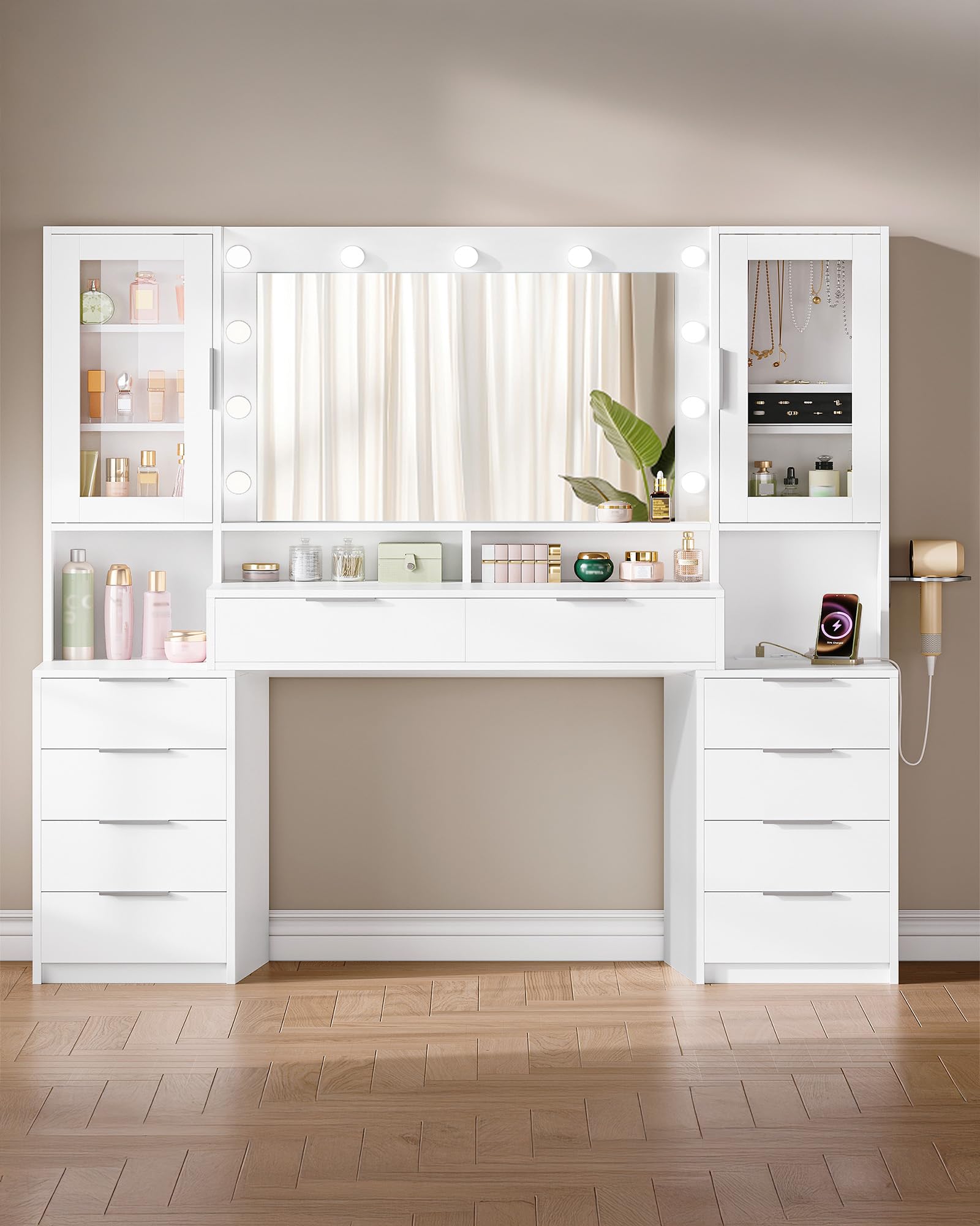 Hzuaneri 150 cm Postazione Trucco, 11 Luce LED, 3 Colori, Luminosità Regolabile, Presa di Corrente, 10 Cassettos, Deposito di gioielli, Ampia Capacità di Archiviazione, Bianco-Argento DT43703XEU