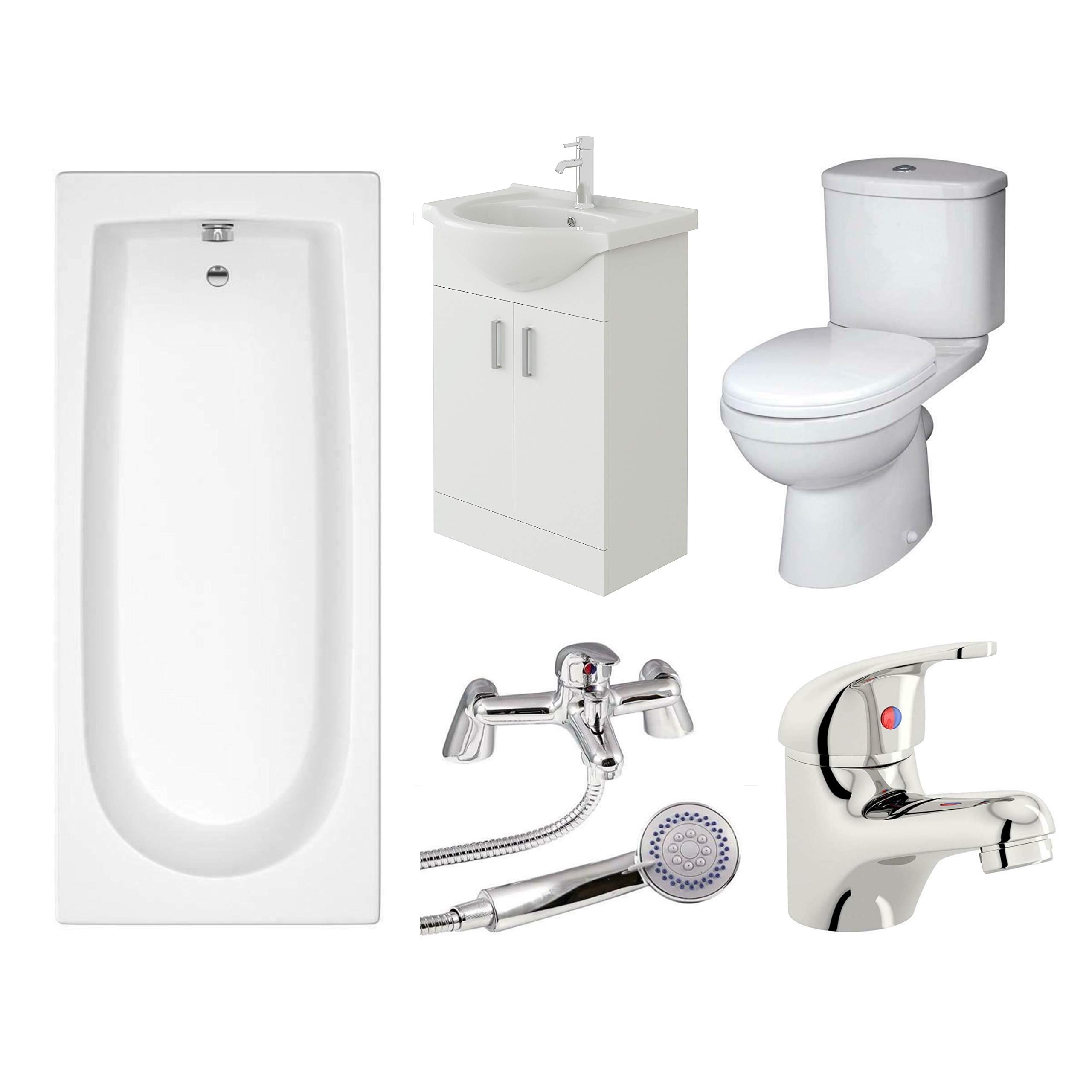 Veebath White Rosina 1700Mm Bath, Modern Toilet, Vanity Sink Unit, Shower & Basin Mixer Taps High Gloss Bathroom Suite