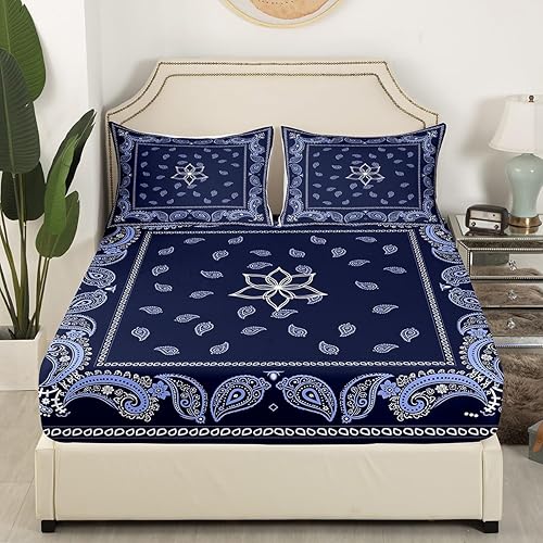 Miniatura 3 de Juego de ropa de cama con estampado de cachemira, diseño floral bohemio occidental, sábana bajera ajustable vintage exótica para niños y niñas,