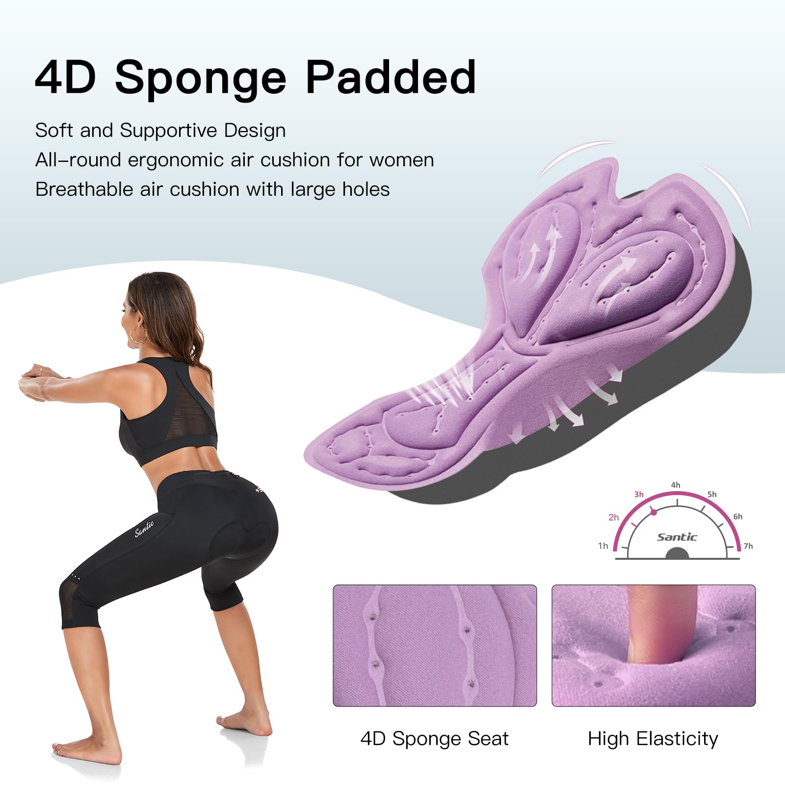 Santic Radlerhose für Damen, hohe Taille, 4D-gepolstert, Capri-Shorts, 3/4-Rad-Leggings, Strumpfhose mit Taschen