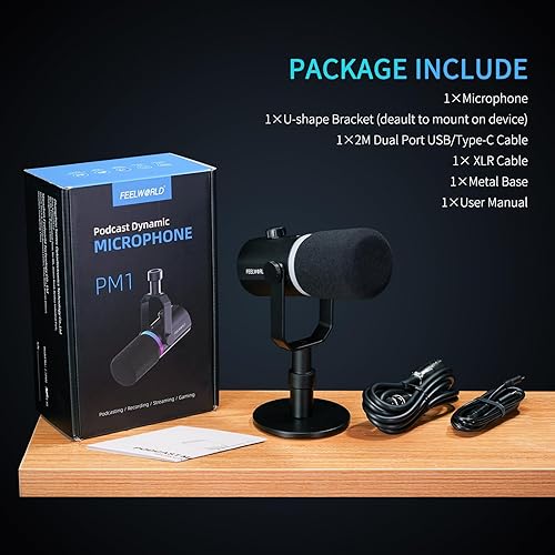 Miniatura 9 de FEELWORLD PM1 XLR Micrófono dinámico USB con soporte de escritorio, regalos para grabación de podcasts, PC, juegos de computadora, transmisión en