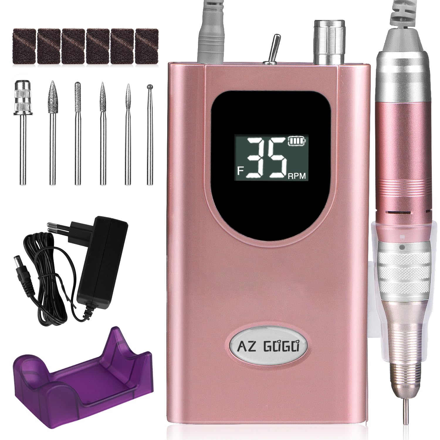 Torno para Uñas Profesional 35000RPM, AZ GOGO Pórtatil ＆ Recargable Torno Uñas Inalambrico para Manicura y Pedicura con 6 Brocas y Pantalla LCD, Lima Electrica para Gel o Acrilicas