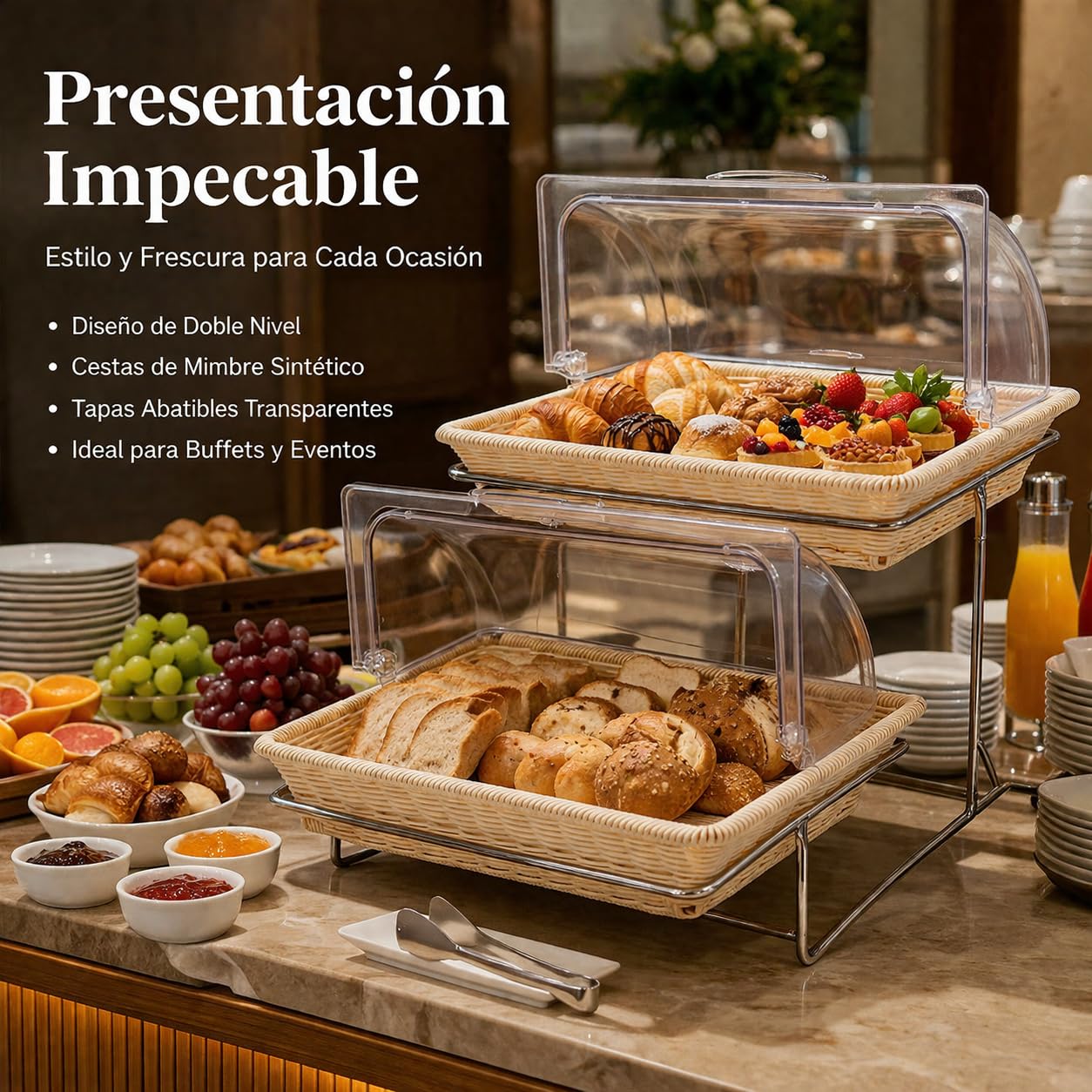 Soporte para Tartas Expositor Buffet, Bandeja Servir con Tapa abatible, 2 Niveles, imitación ratán y Metal 32x26x6,5 cm, Cream