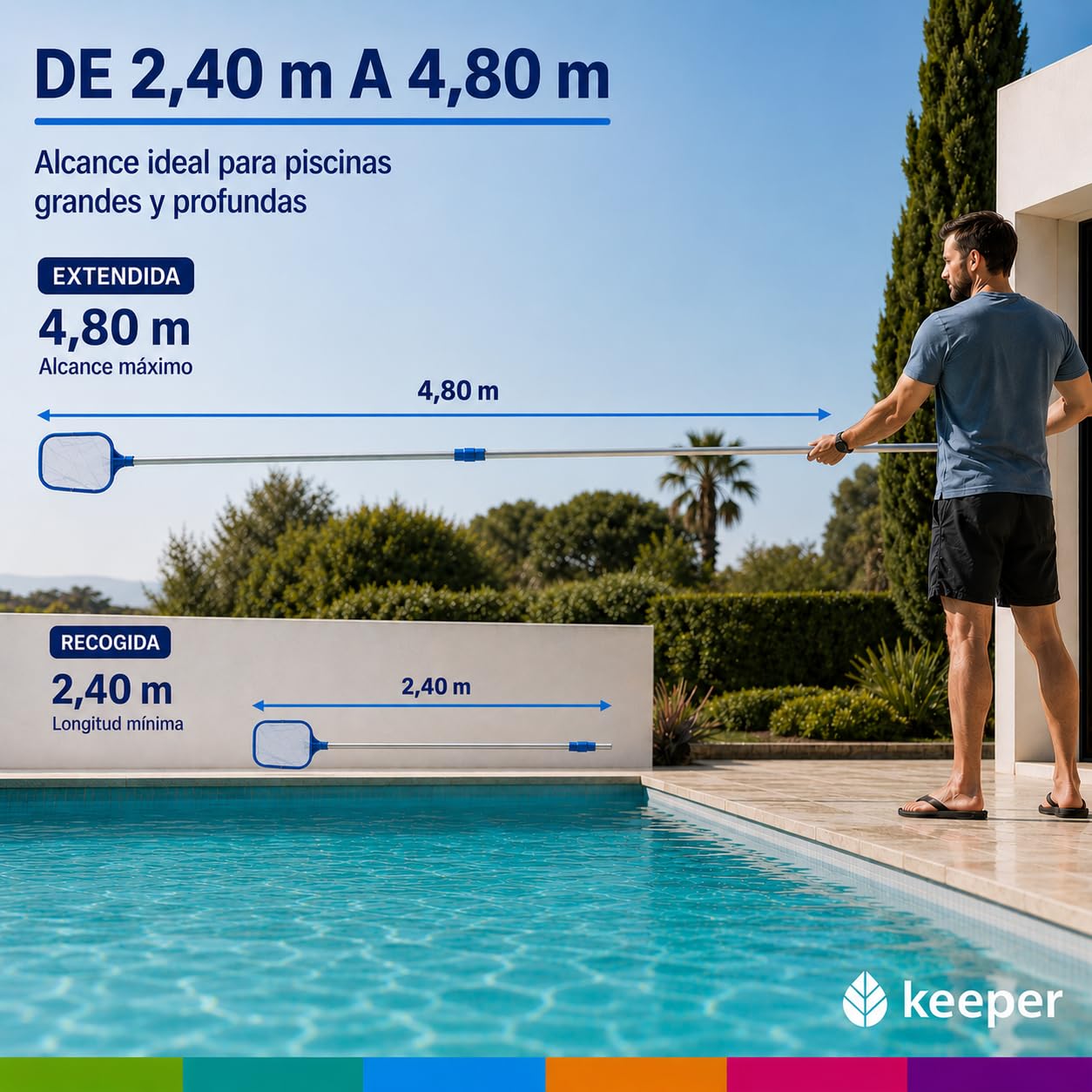 Keeper Pértiga Telescópica Extensible para Piscinas 2,40–4,80 m, Mango de Aluminio Ligero con Doble Sistema Clip y Palomilla, Compatible con Cepillos, Limpiafondos y Recogehojas