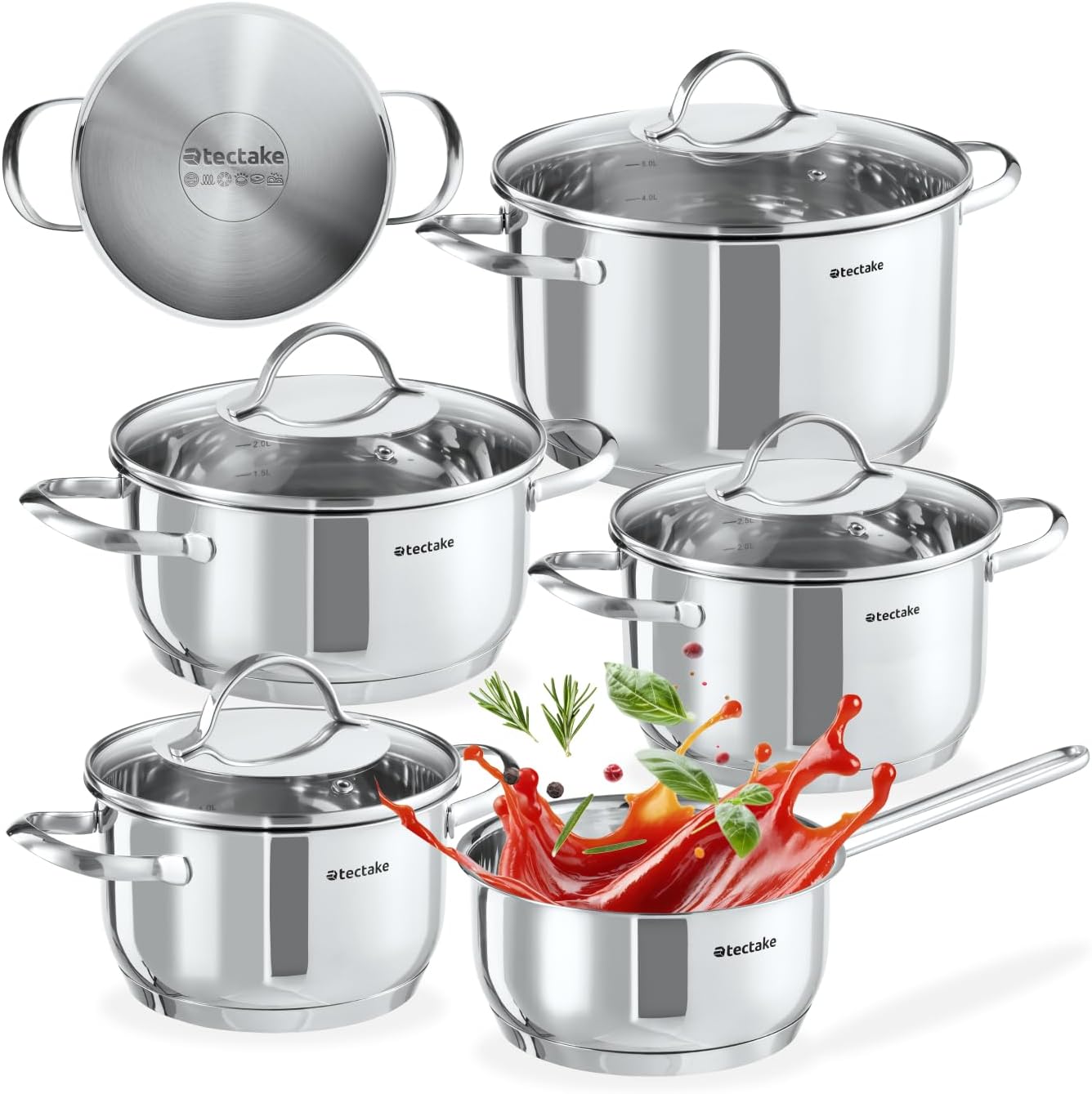 tectake® 9-tlg. Topfset, Edelstahl Kochgeschirr, Töpfe Set mit Deckel, Kochtopf Set für Induktionskochfeld, Gas- und Elektroherd geeignet, Küchensets, Topfsets für Wohnung oder Camping Geschirr