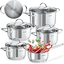 tectake Set of 5 Saucepans and 4 Glass Lids, Stainless Steel Saucepan, 1 Saucepan with Handles, 4 Saucepans with Handles, Suitable for Induction, Gas, Electric, Glass Ceramic, Kitchen