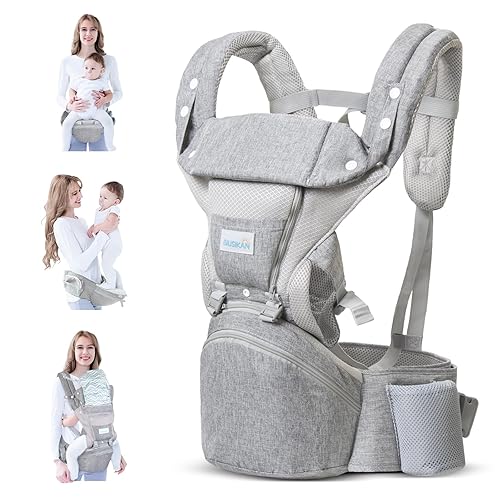 Portabebés para recién nacidos hasta niños pequeños, portabebés 6 en 1 de tela premium con asiento de cadera y capucha (0-36 meses), talla única,
