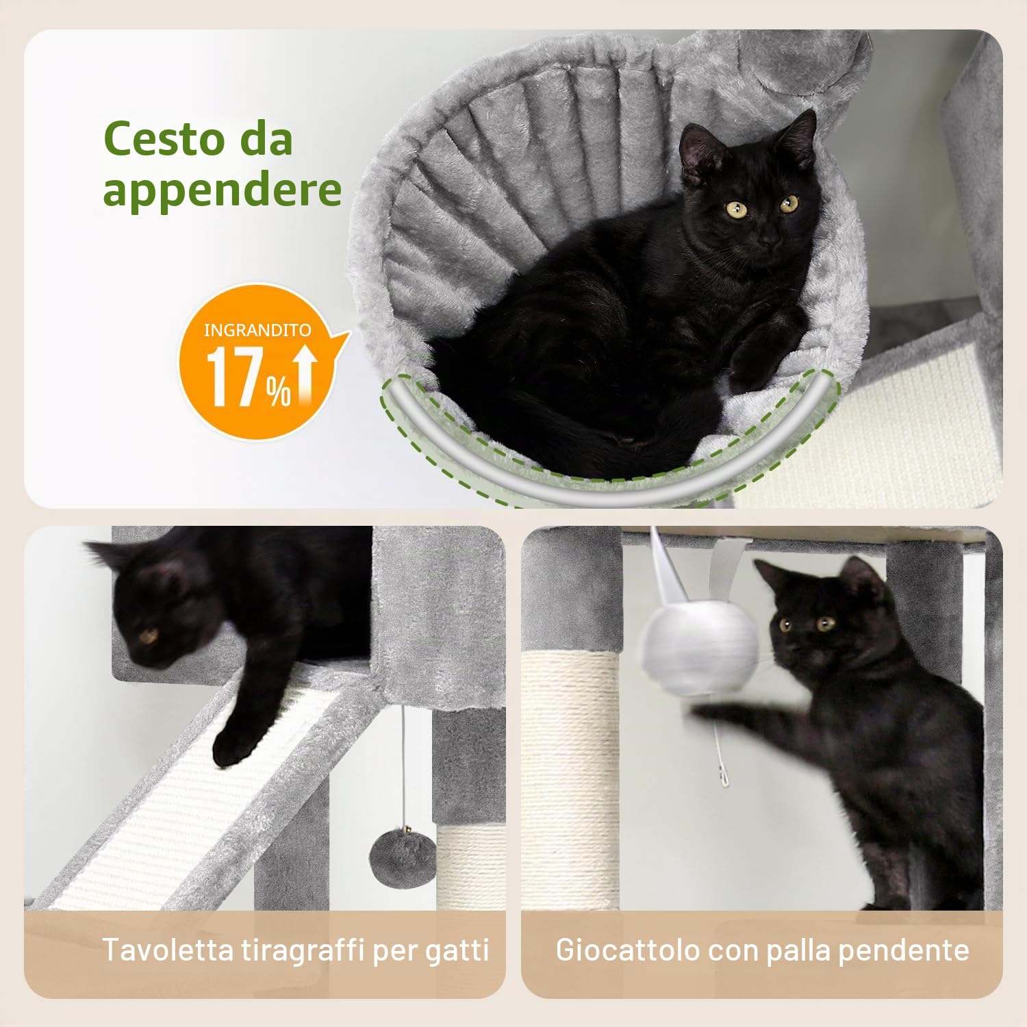 Globlazer Tiragraffi per Gatti con Grandi Grotte Cesto Imbottiti Piattaforma Rampa Graffiatura Sisal Peluche Giocattoli, Stabile Albero Tiragraffi Alto 116 cm per Gatti Grandi (S45, Grigio Chiaro)