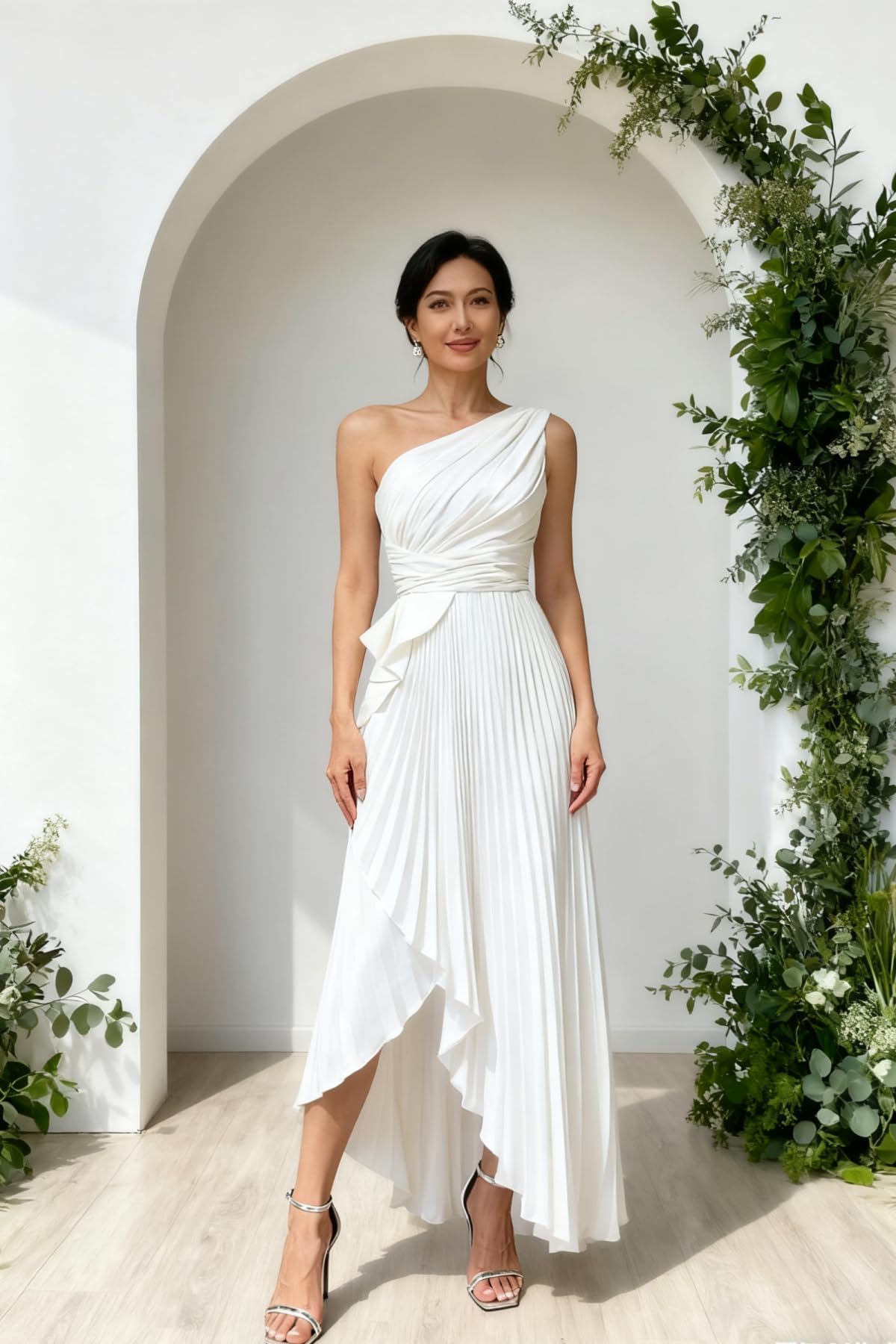 JAEDEN Ein Schulter Satin Brautjungfernkleider - Damen A Linie Abendkleid Plissee Ballkleider mit Schlitz