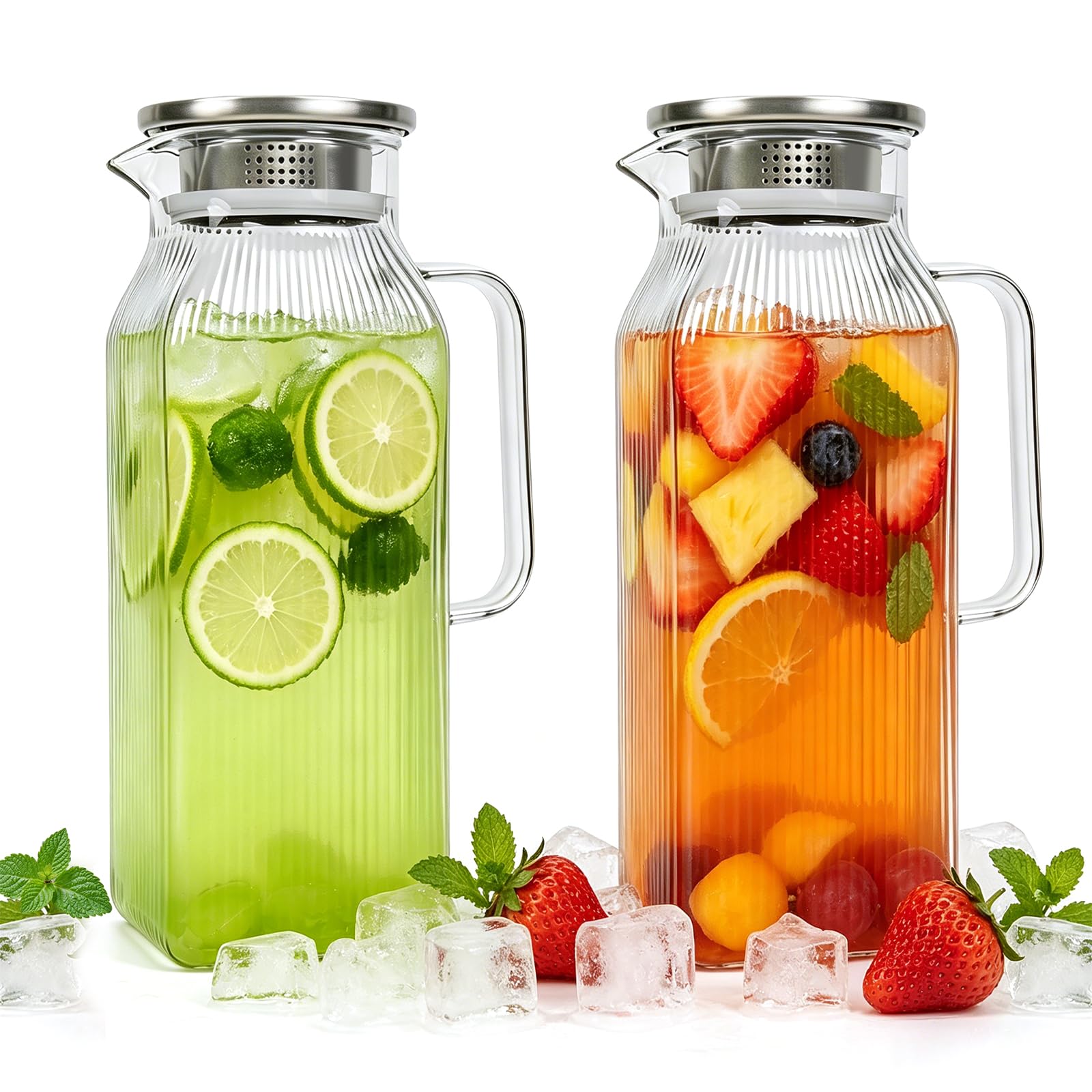 Caraffa Vetro 2 litri, 2PCS Strisce Verticali Brocca Acqua in Vetro Borosilicato con Coperchio in Acciaio Inossidabile, Borosilicato Resistente al Calore per Bevande Calde o Fredde (2 L/ 70 oz.)