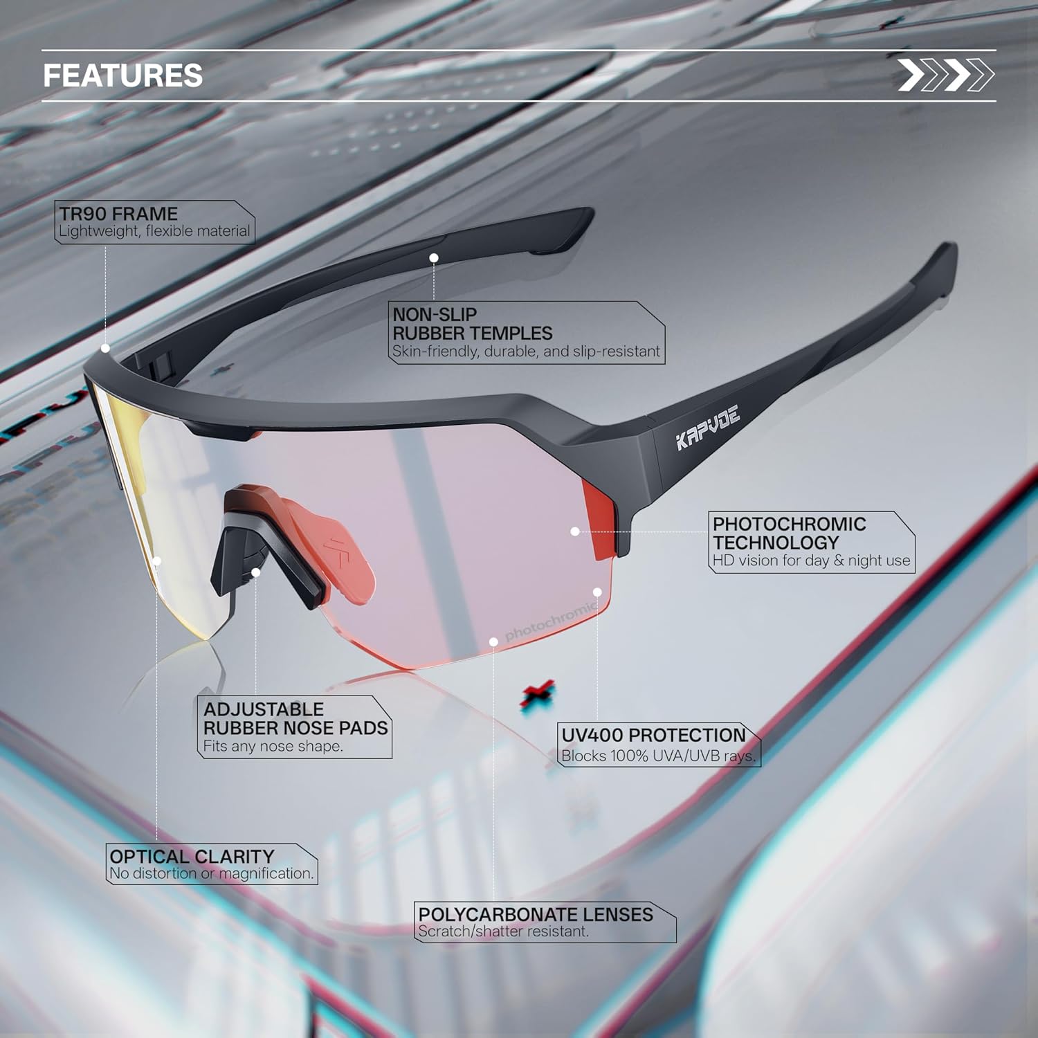 KAPVOE Photochromic Cycling Glasses for Men Women with UV400 Protection Sports Sunglasses for Biking Running MTB K360 - Image 3