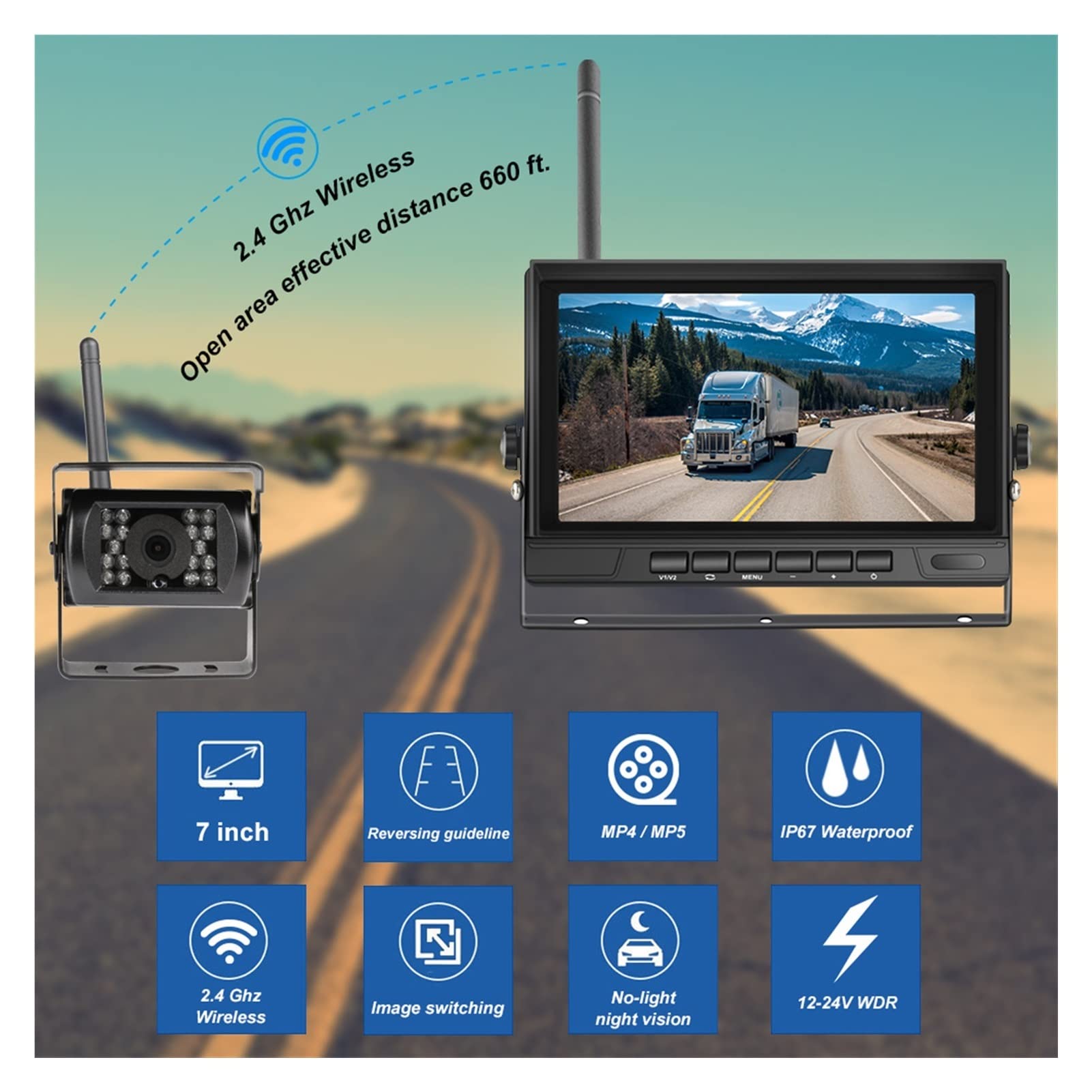 GPS pour Voiture, Surveillance de Voiture 7 Pouces Sauvegarde Camion sans Fil Affichage la Vue arrière et caméra Sauvegarde inversée WiFi for RV Autobus télé Écran d'affichage(1 Camera)