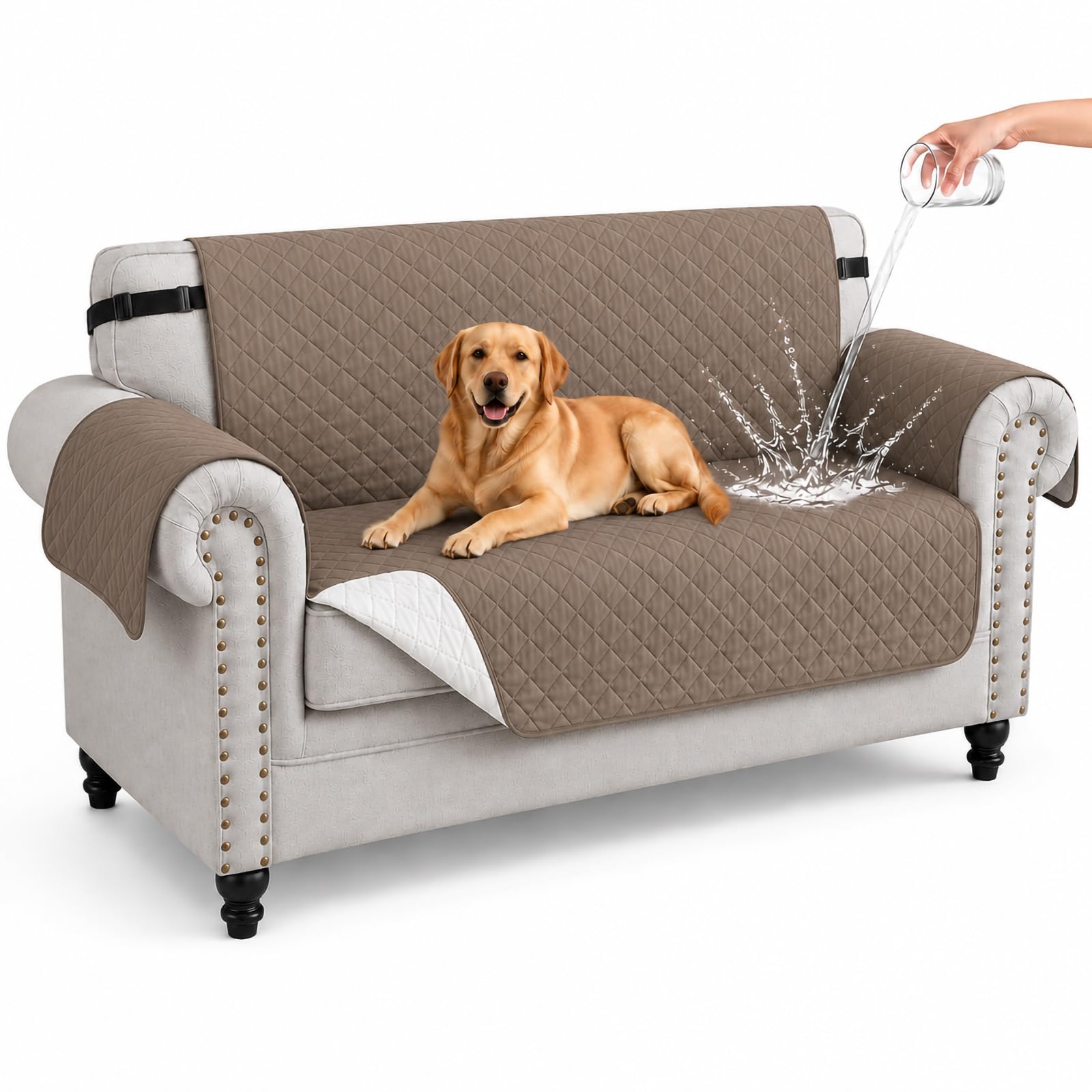 Hiiksolo Water Resistant Sofa Cover, Checkered Pattern with Non Slip Elastic Straps, Couch Protector for Dogs, Settee Covers Furniture Slipcovers, 2 Seater Khaki