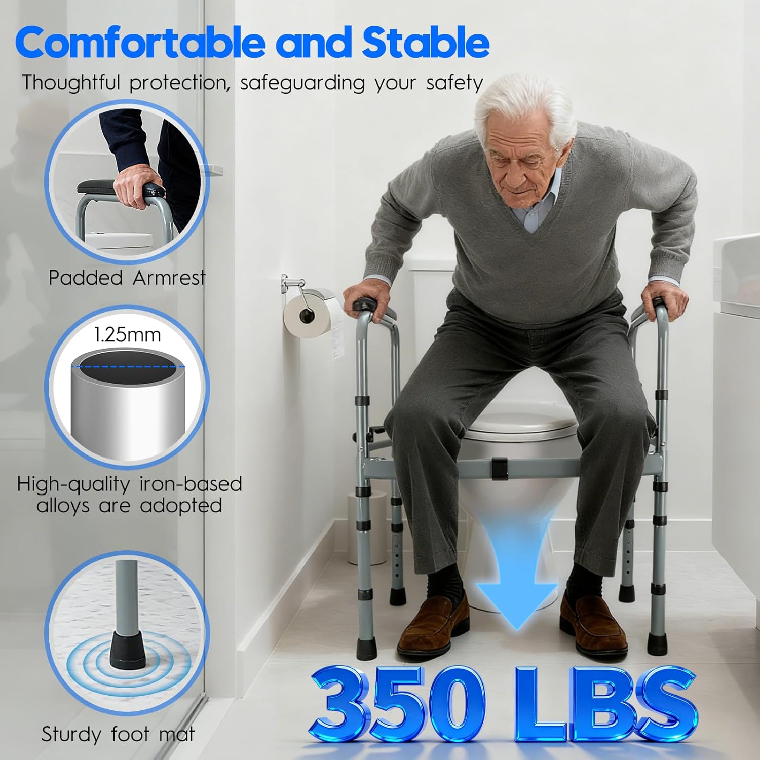 Toilet Safety Rail for Seniors – Adjustable & Foldable Toilet Safety Frame with Padded Handles, Stand Alone Bathroom Safety Rail & Toilet Support for Elderly, Fits Most Toilets, 350 lb Capacity