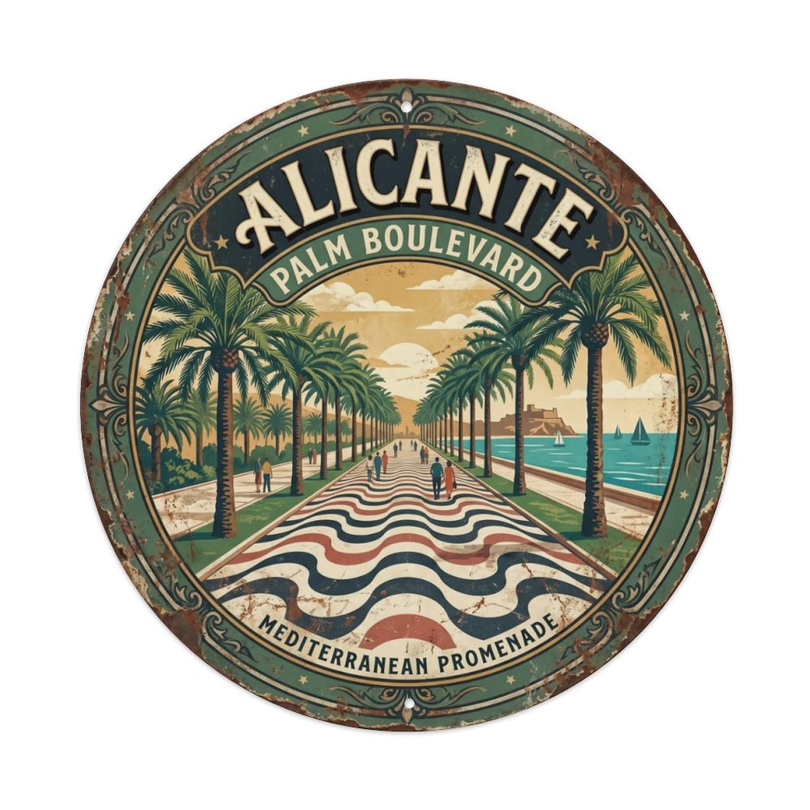 Vintage Travel Alicante Esplanade Promenade Metal Tin Sign Plaque Wall Decor for Cafe, Club Bar, Office, Home Garden Round Metal Poster 8x8Inch