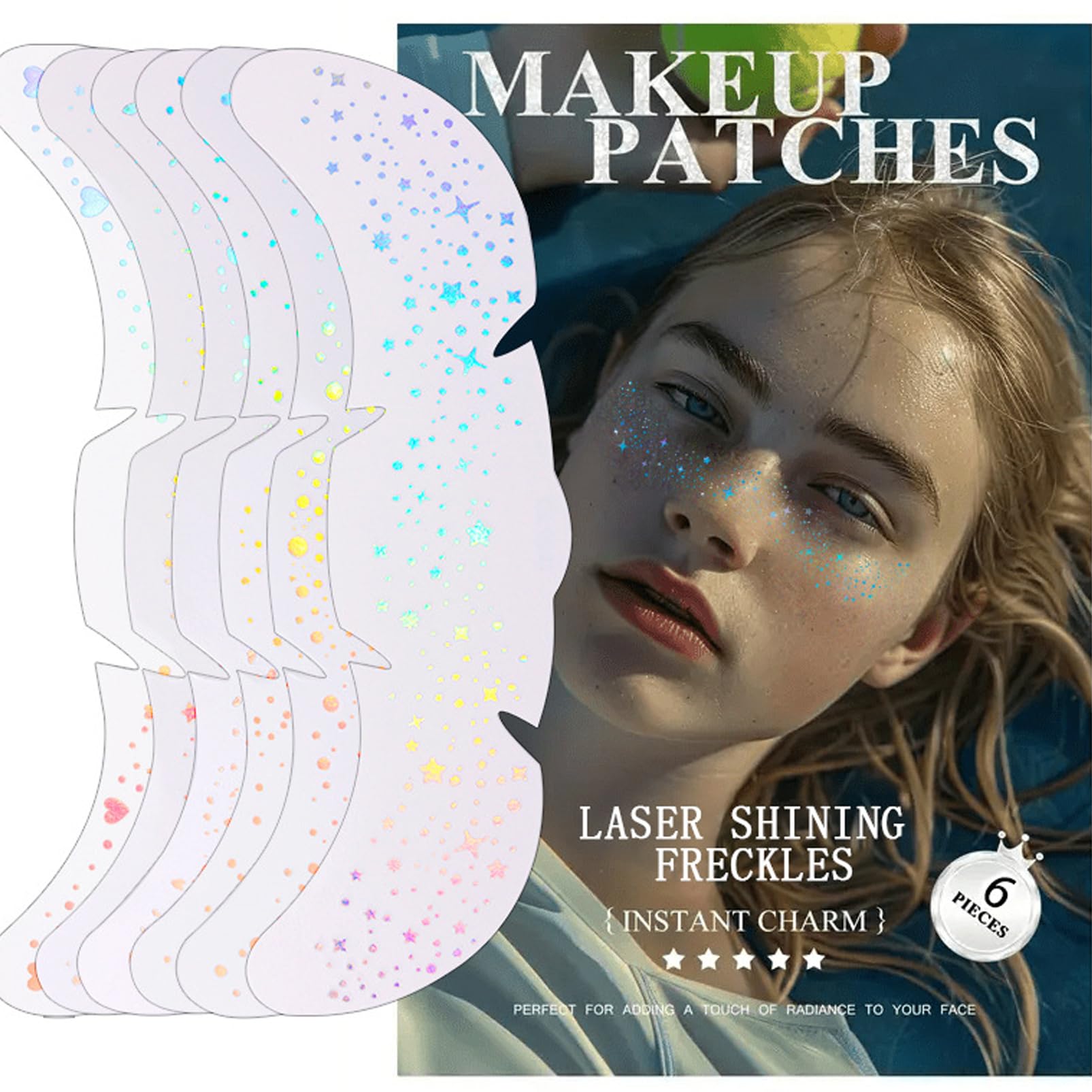 12PCS Holographic and Gold Glitter Freckles Face Tattoo,Multichrome Sparkle Makeup Patches Face Shimmer Tattoo Festival Essentials Waterproof Temporary MakeupTattoo for Teenagers & Women - Image 2