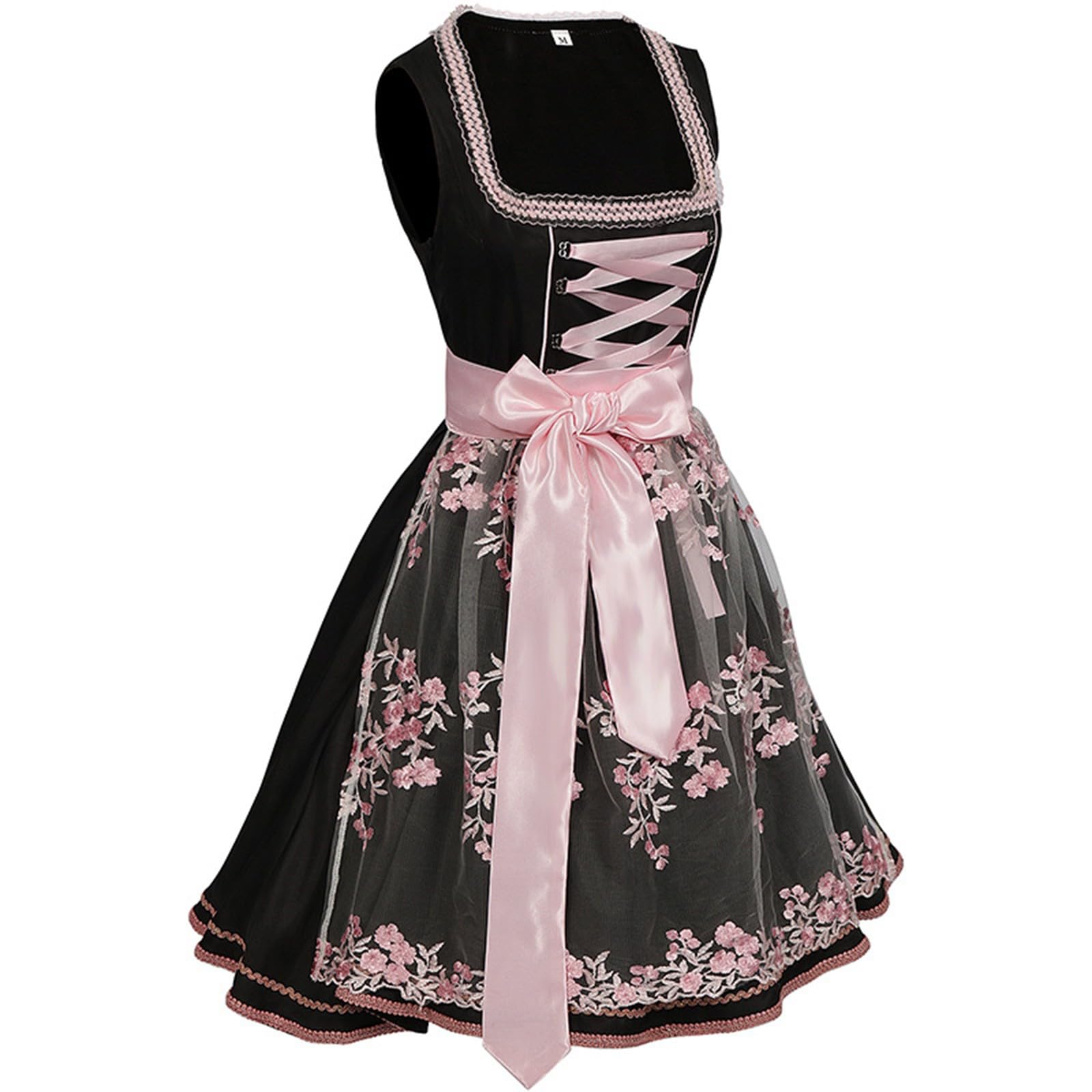 Dirndl Damen Midi, Trachtenkleid Ärmellos mit Bestickter Spitzenschürze und Satinbandschnürung, Elegantes Oktoberfest Kleid Traditionelles Wiesn Dirndl für Volksfest Trachtenparty