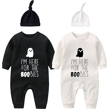 YSCULBUTOL Baby Twins Bodysuits I'm Here For The Boobies Funny Baby Halloween With Cute Hat