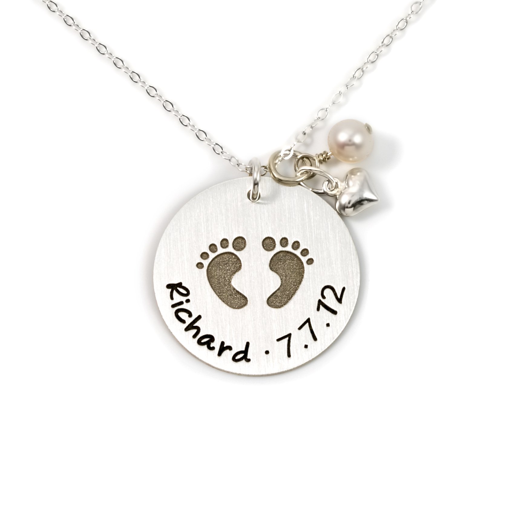 AJ's Collection Baby Footprint Personalized Sterling Silver Name Necklace. Customize with Child's Name, Date or Special Wording, Engraved with Solid Baby Feet. Choice of 925 Chain. New Mom Gift