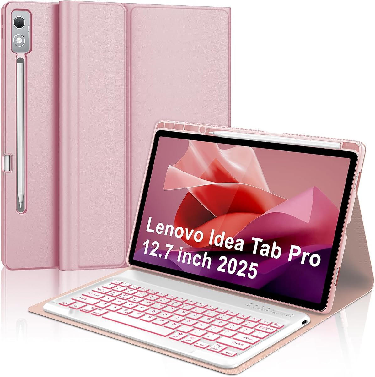 Keyboard Case for Lenovo Idea Tab Pro 12.7 inch 2025 Backlit Rechargeable | 7 Color Backlit, Magnetic Detachable Wireless Bluetooth Keyboard, Pencil Holder, Stain Resistant Cover, Rechargeable
