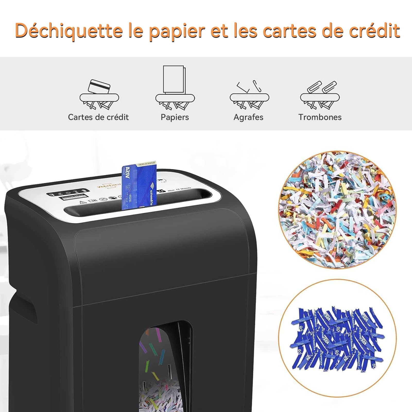 VidaTeco Déchiqueteuse & Destructeur de Documents Papier, Broyeur Papier 15 Feuilles P4, 60 Min, Bac 20L, 58dB Silencieux pour Bureau/Home Office