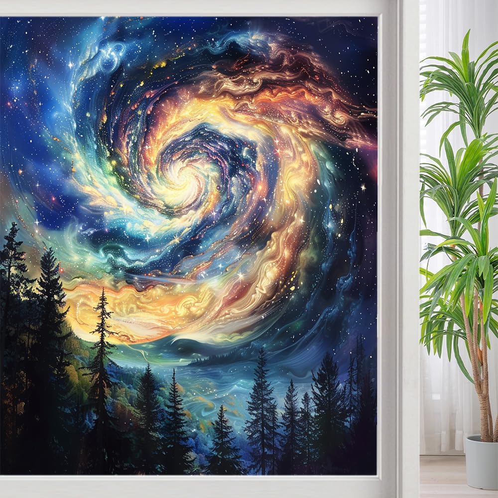 Starry Sky Pinewoods Privacy Window Film, Abstract Colorful Galaxy Landscape Frosted Self-Adhesive Vinyl Cling for Glass Doors Bathroom Windows Sun Blocking Heat Control, 23.6Wx35.4L inch