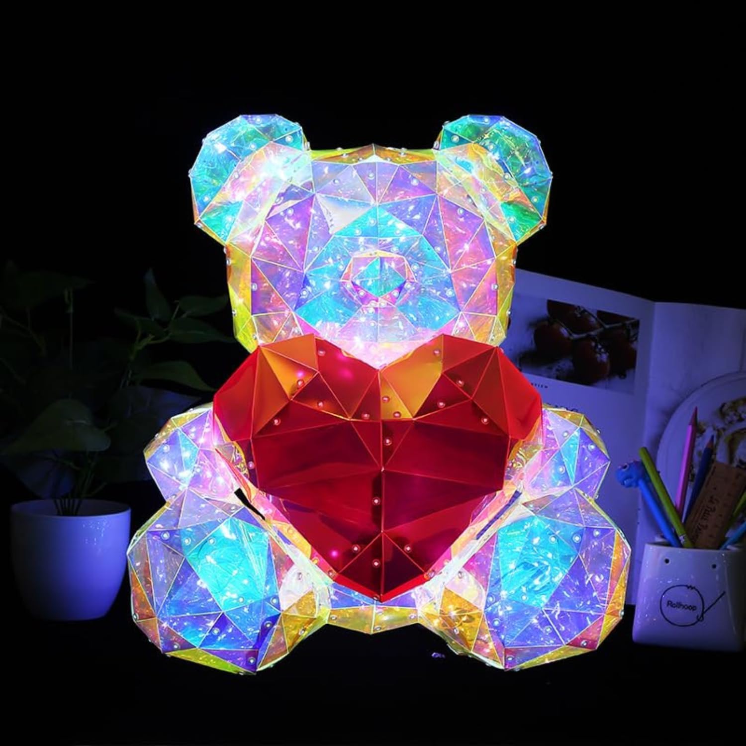 EITHEO Plastic Led Teddy Bear With Heart Holographic Glow Lamp- Unique Magical Valentine Gift Romantic For Home Decor (18 Cm), Red